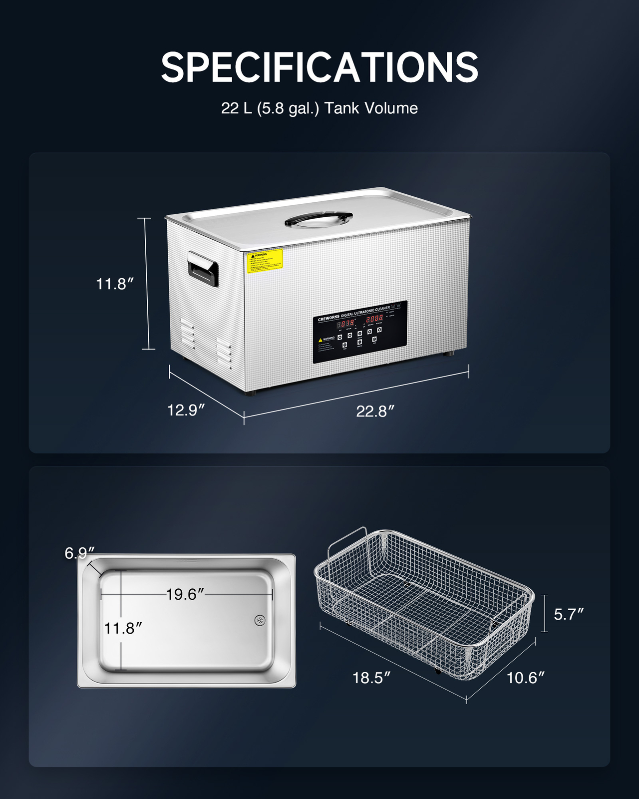 CREWORKS 22L Ultrasonic Cleaner with Control Panel 1-30 min. Timer & Degas Mode