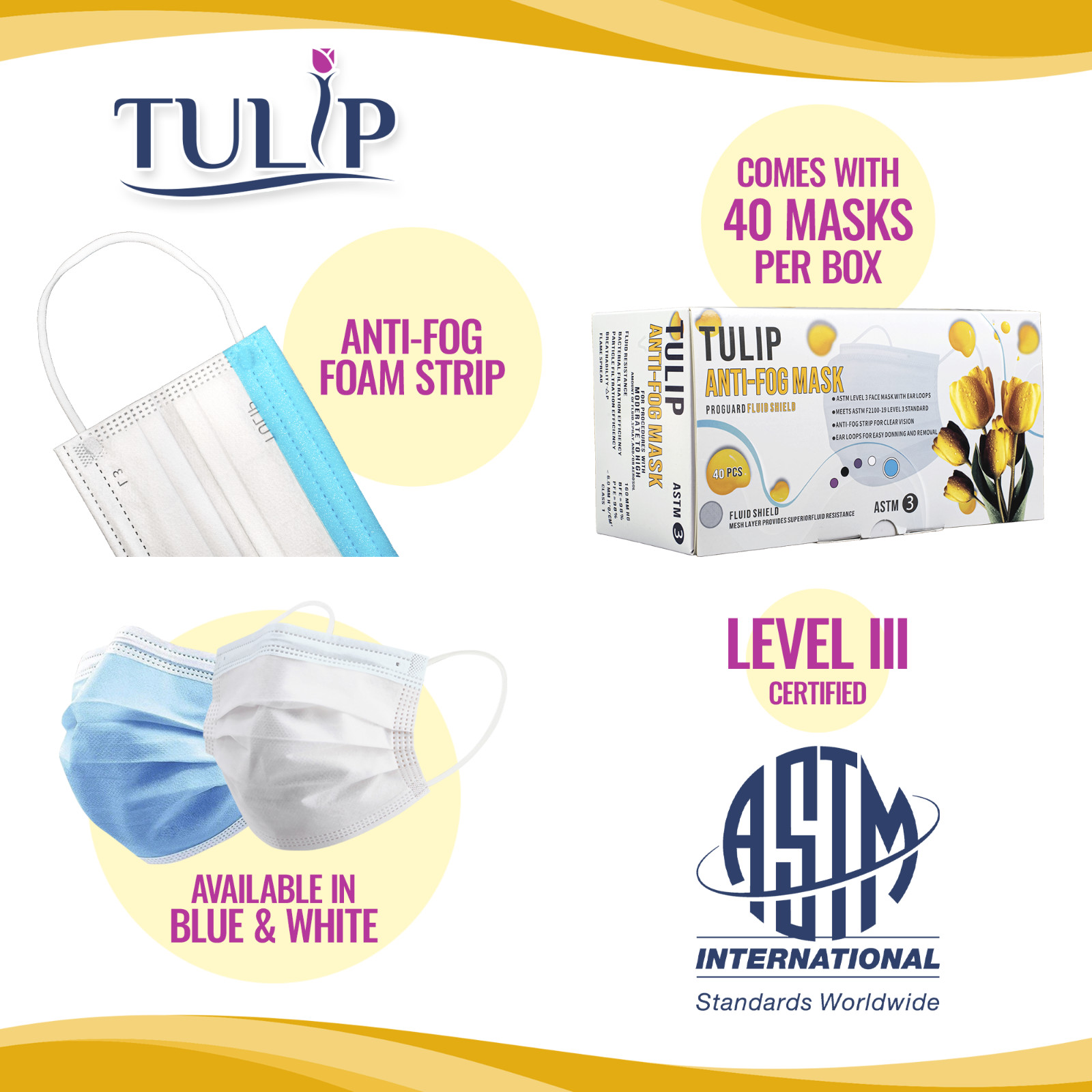 40 Pack Blue 4-Ply ASTM Level 3 Masks Anti-Fog Strip Fluid Shield Protection