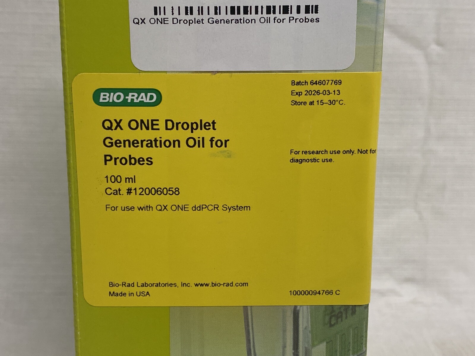 BIO-RAD 100mL QX ONE ddPCR System Droplet Generation Oil for Probes 12006058