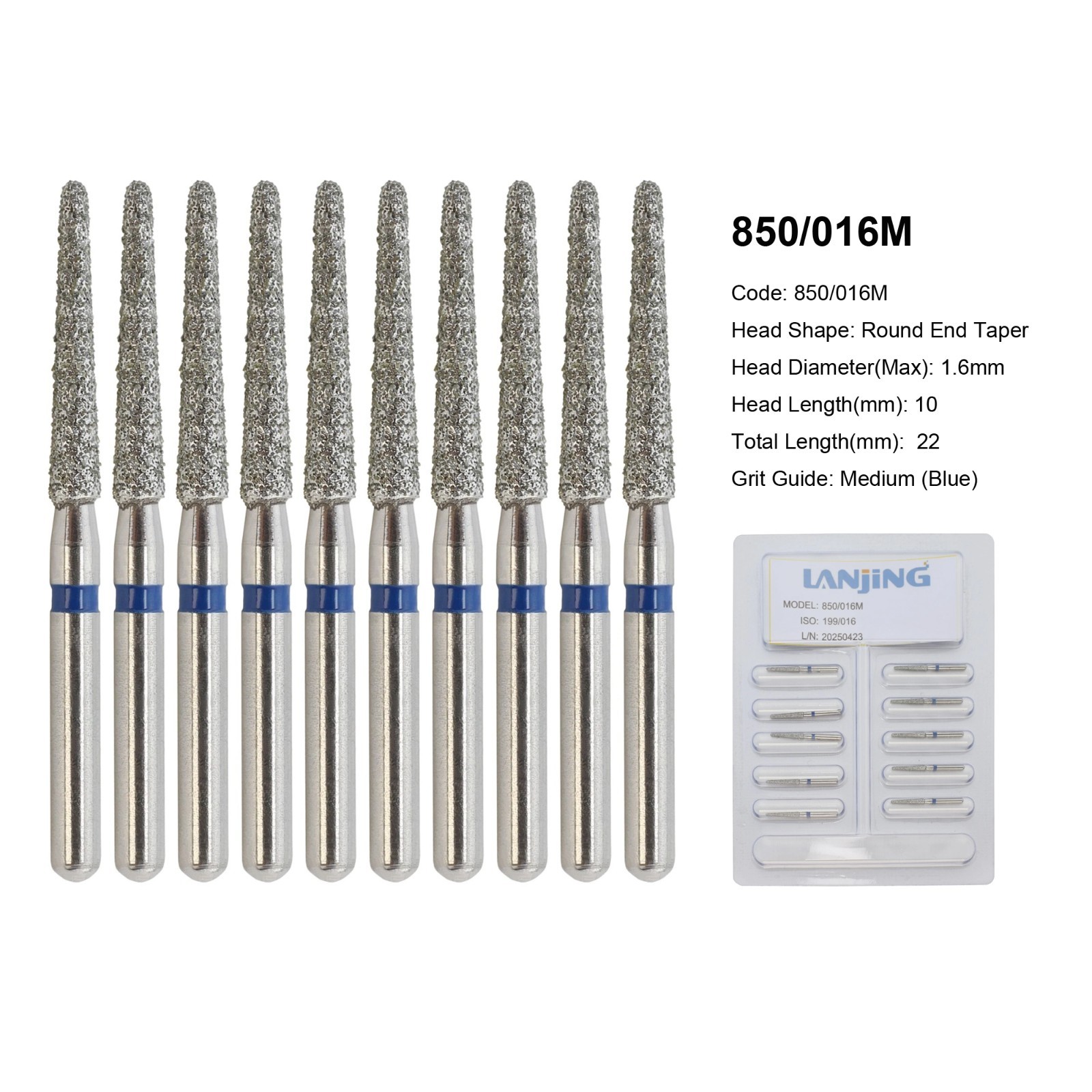 Dental Round End Taper Bur 850/016M Diamond Burs FG Medium Grit Blue High Speed