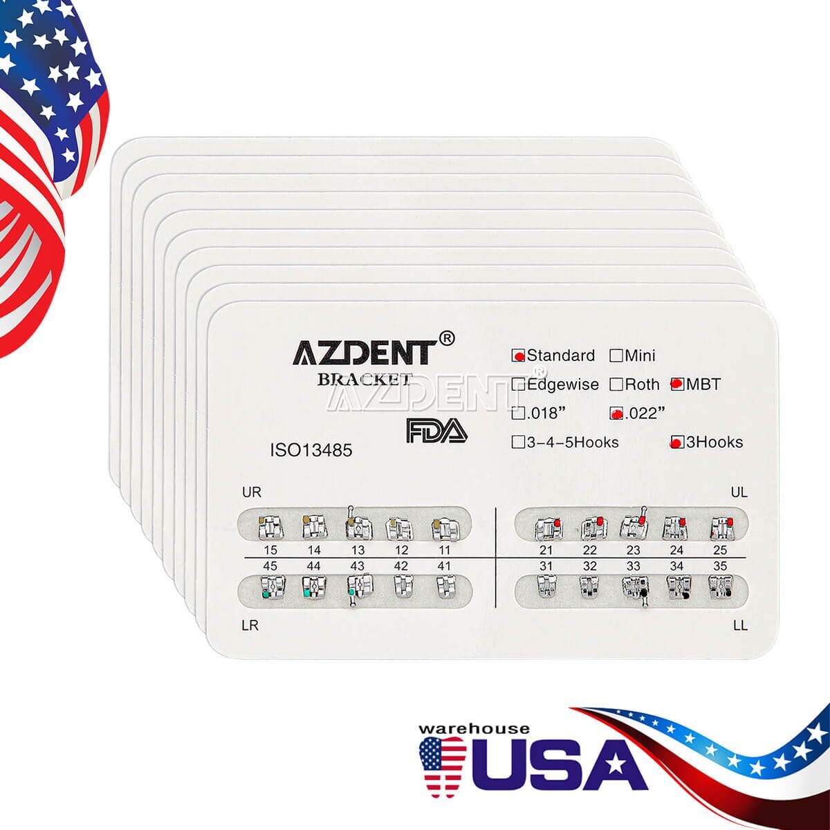 10X AZDENT Dental Orthodontic Metal Brackets Braces Standard MBT.022 Hooks 3 USA