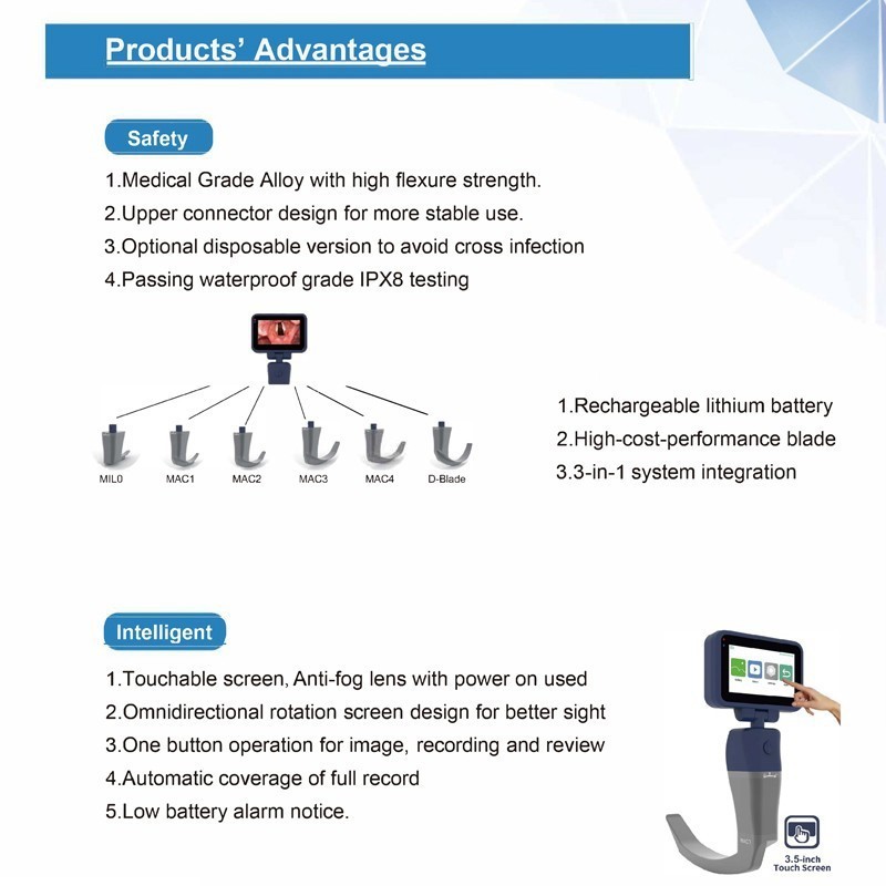High Resolution 3.5 Inch Touch Screen Anesthesia Digital Video Laryngoscope.