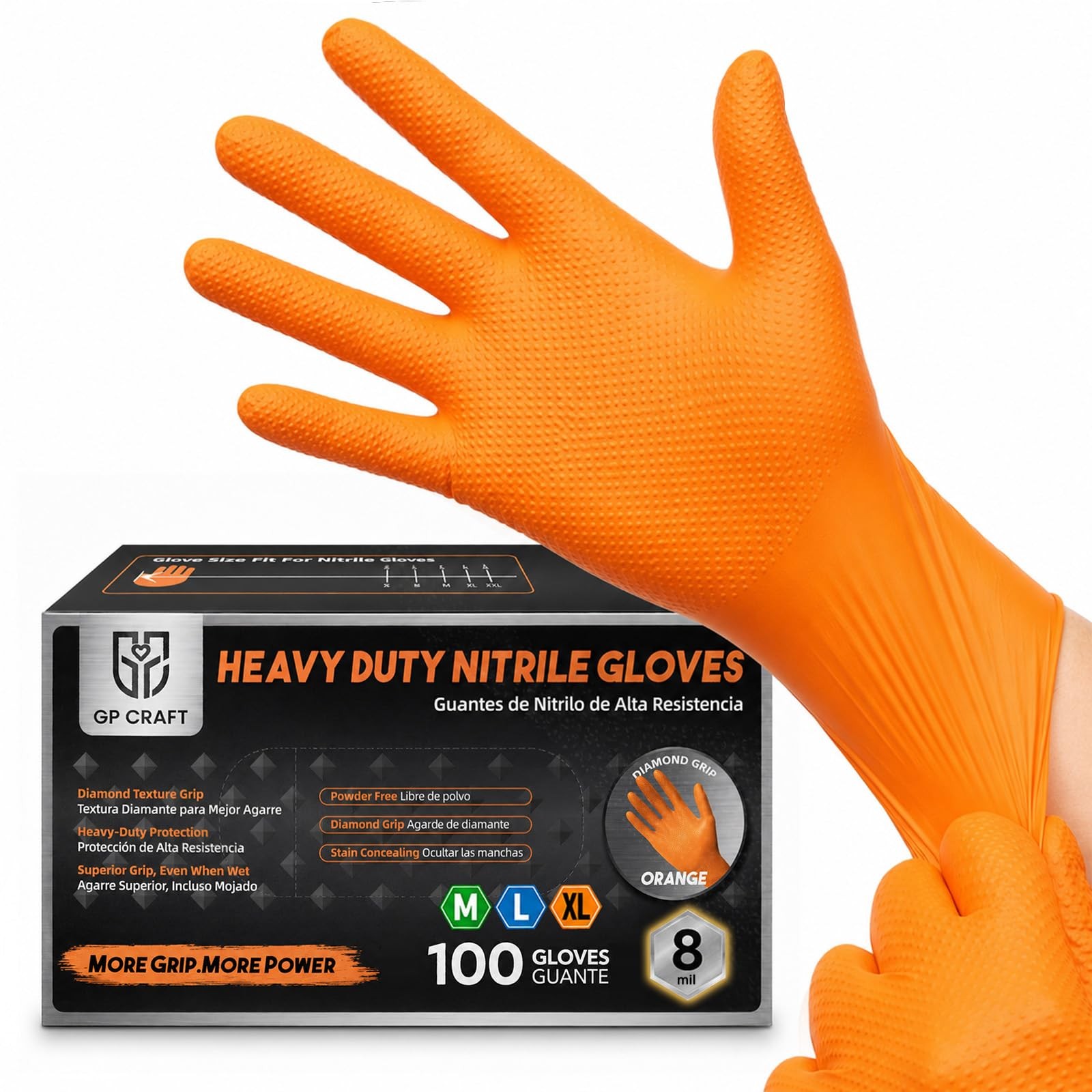 Heavy Duty Orange Diamond Grip 8mil Nitrile Gloves – Industrial Grade, Punctu…