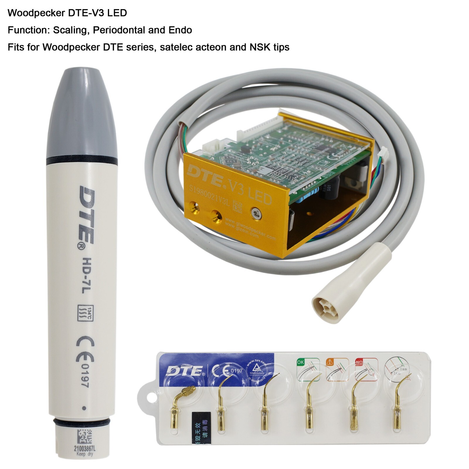 Woodpecker DTE Dental Ultrasonic Scaler Piezo Tips HW-5L HD-7L LED Handpiece PD1