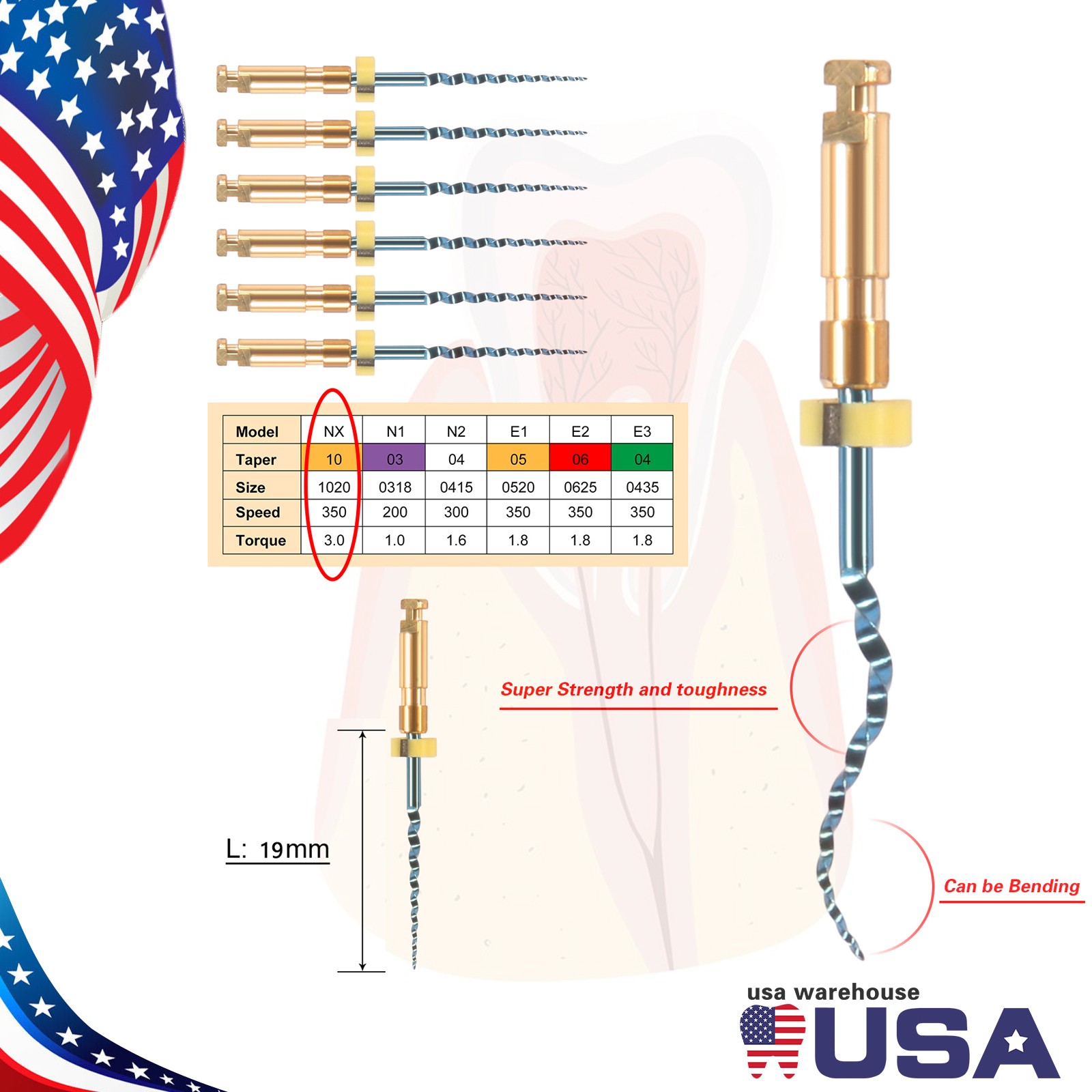 6X Dental Endodontic Rotary Files Endo Root Canal File X-Pro Taper Files 19mm NX