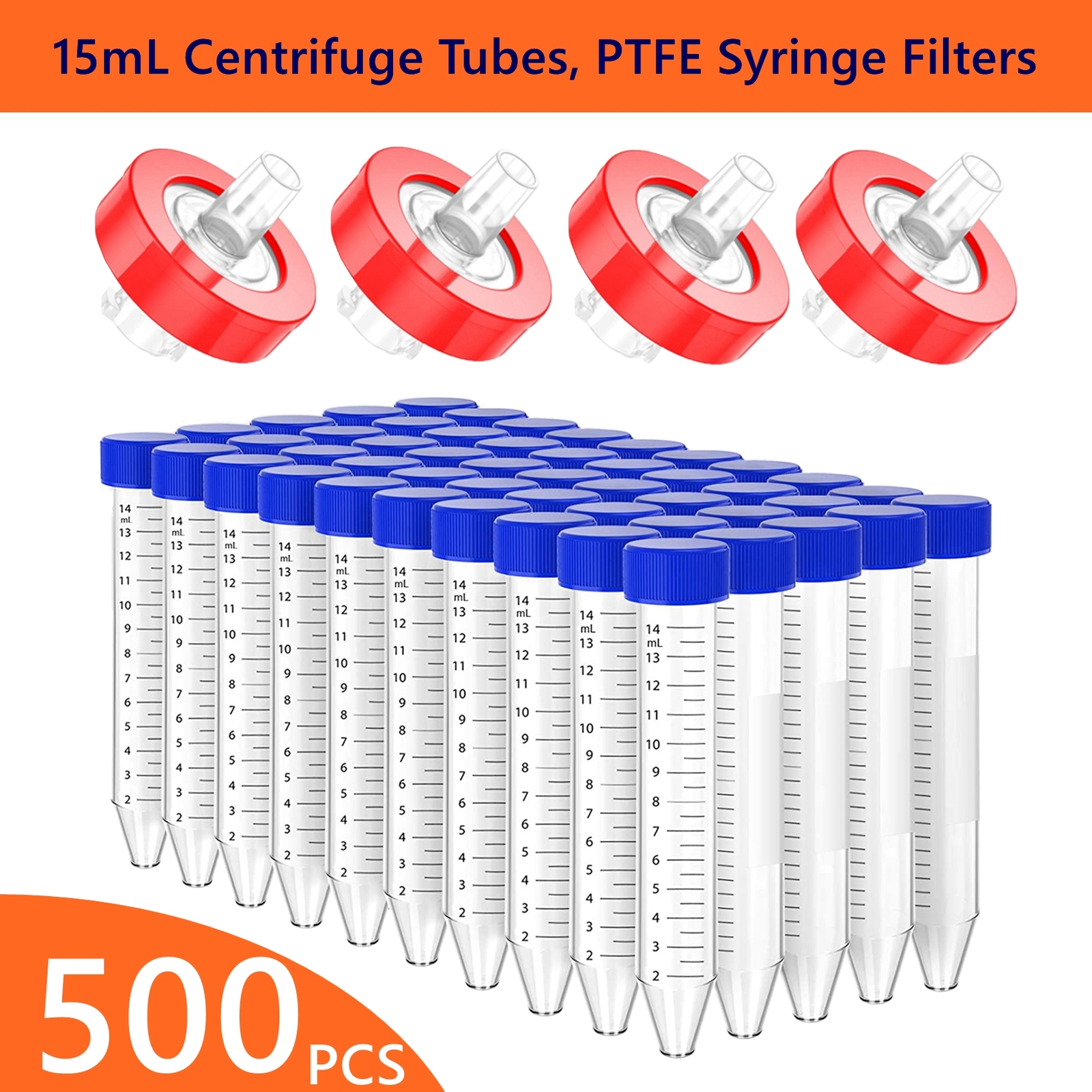 500PCS 15mL Centrifuge Test Tubes+ PTFE Syringe Filters 0.22μm/0.45μm 13mm/25mm