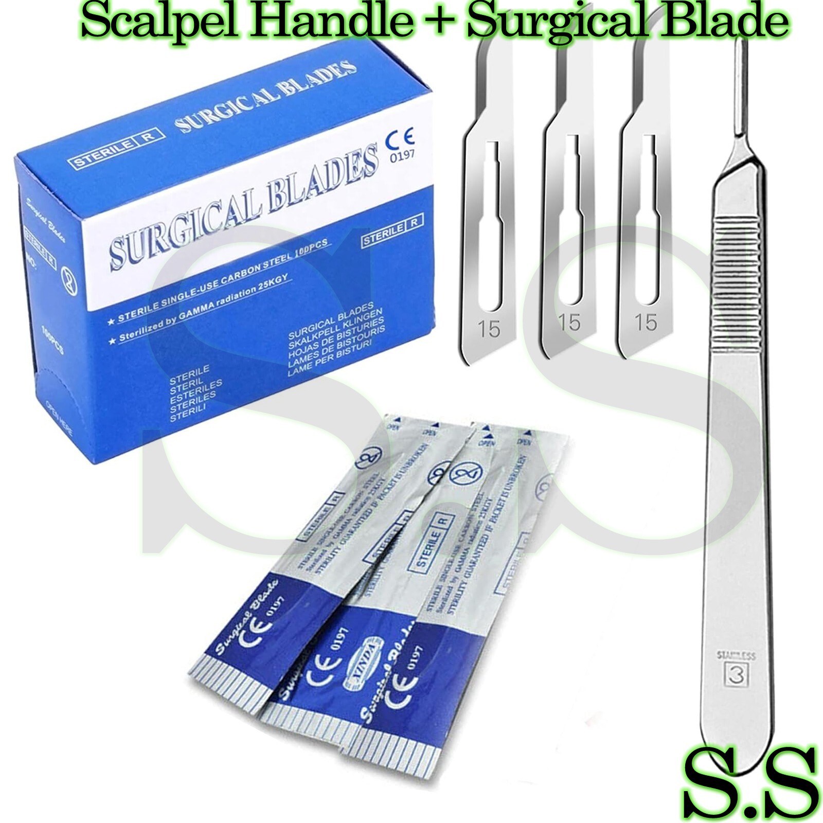 100 Sterile Surgical Blades #15 W/𝗙𝗥𝗘𝗘 BP Scalpel Handle #3 Medical German G