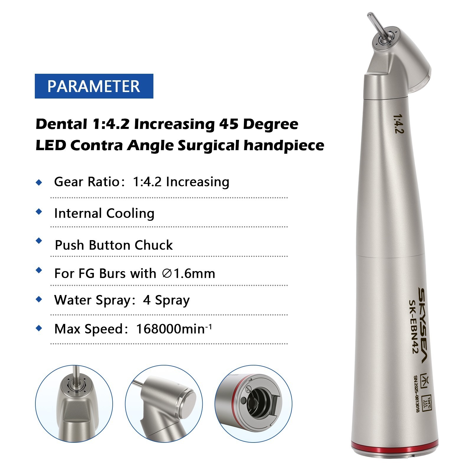Dental 1:4.2 45 Degree LED Contra Angle Handpiece Quattro Spray Inner Cooling