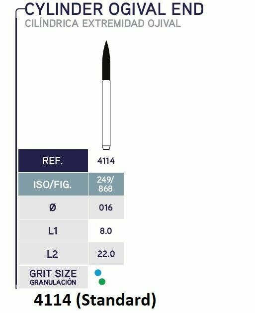 MICRODONT CYLINDER OGIVAL END 4114 (Standard) diamond burs 10/pk Made in Brazil