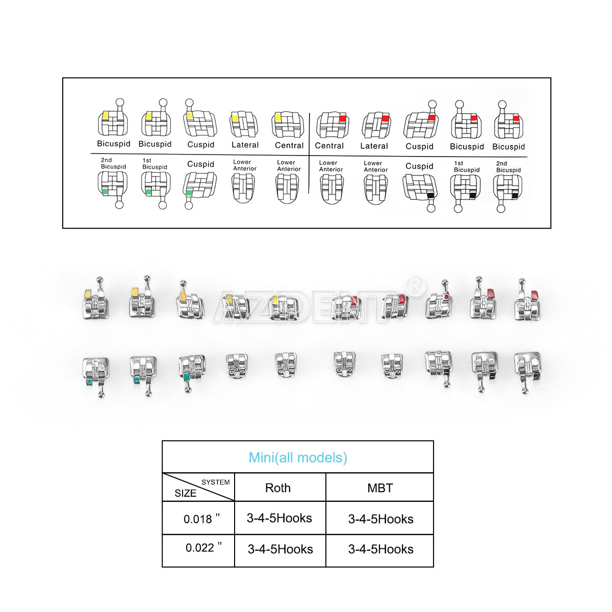 50 Set Dental Orthodontic Monoblock Brackets Braces Mini Roth.022 Hooks 3 4 5