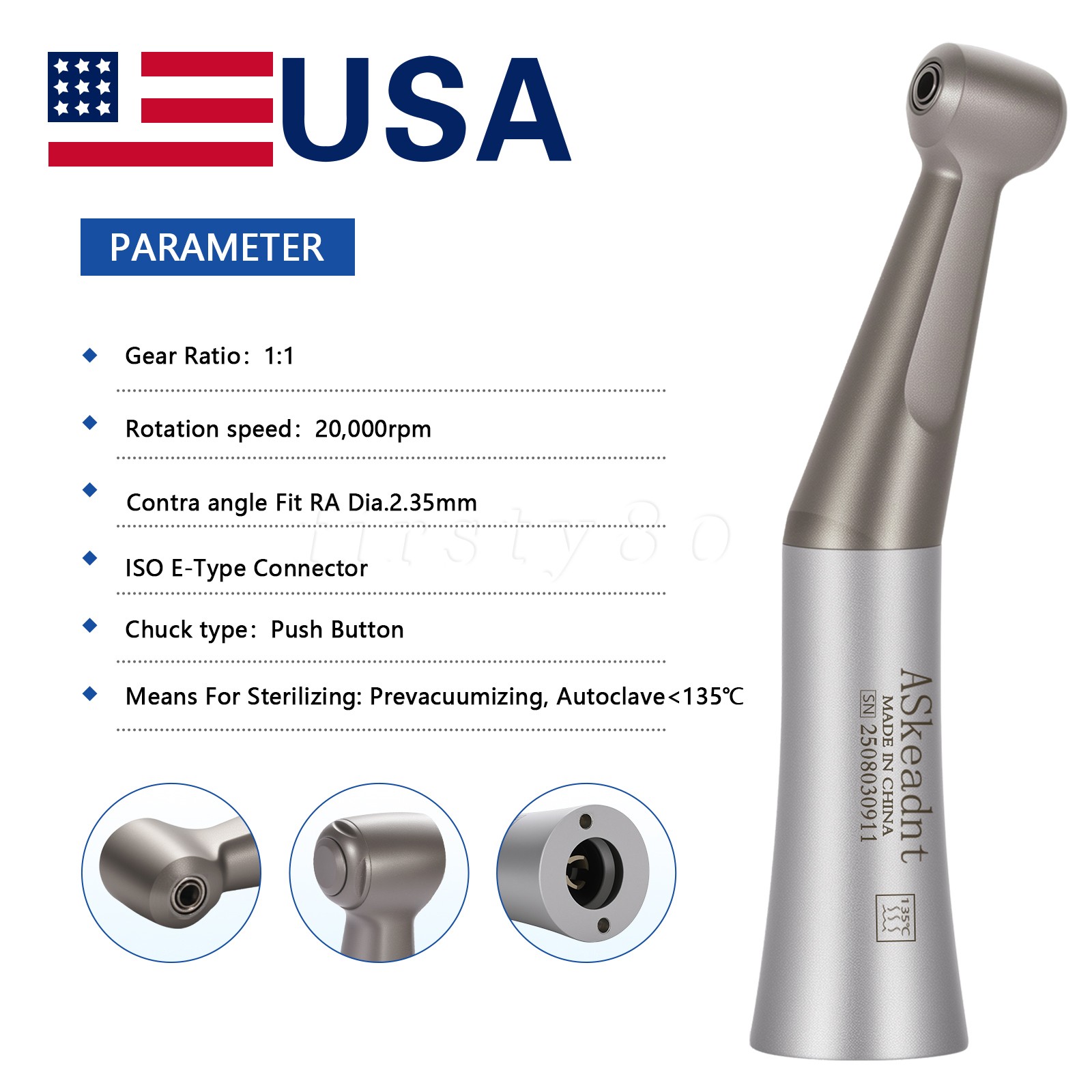 ASkeadnt Dental 1:1 Slow Low Speed Contra Angle Push Button Handpiece