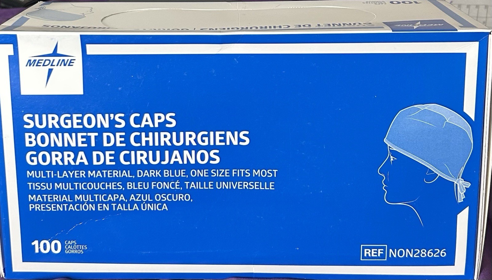 Medline Surgeon’s Caps Dark Blue One Size Fits Most 100 Ct NON28626