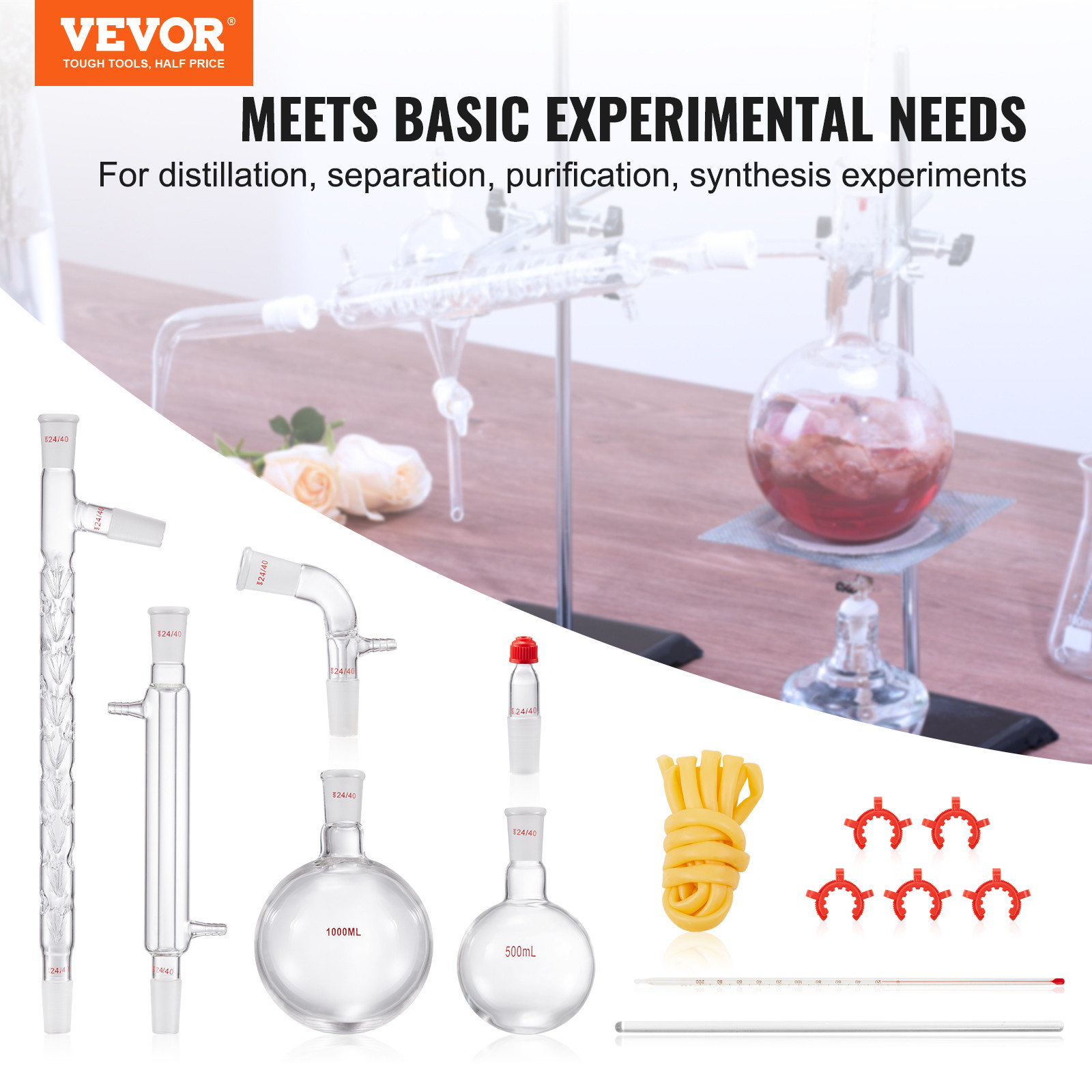 VEVOR Lab Glassware Distillation Kit 1000ml 3.3 Boro 14 pcs Glassware Equipment