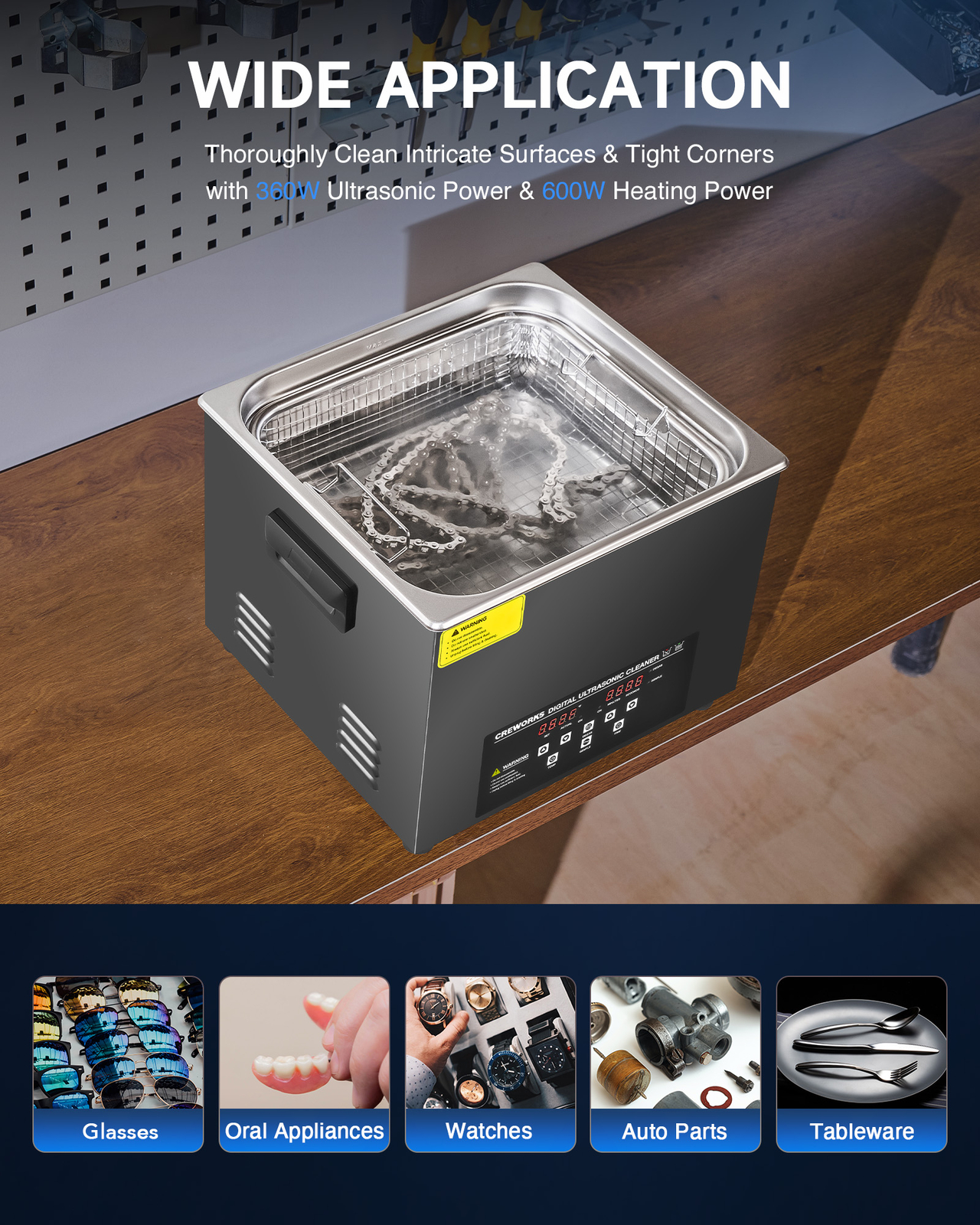CREWORKS 15L Digital Ultrasonic Cleaner with 600W Heater for Retainer Auto Part