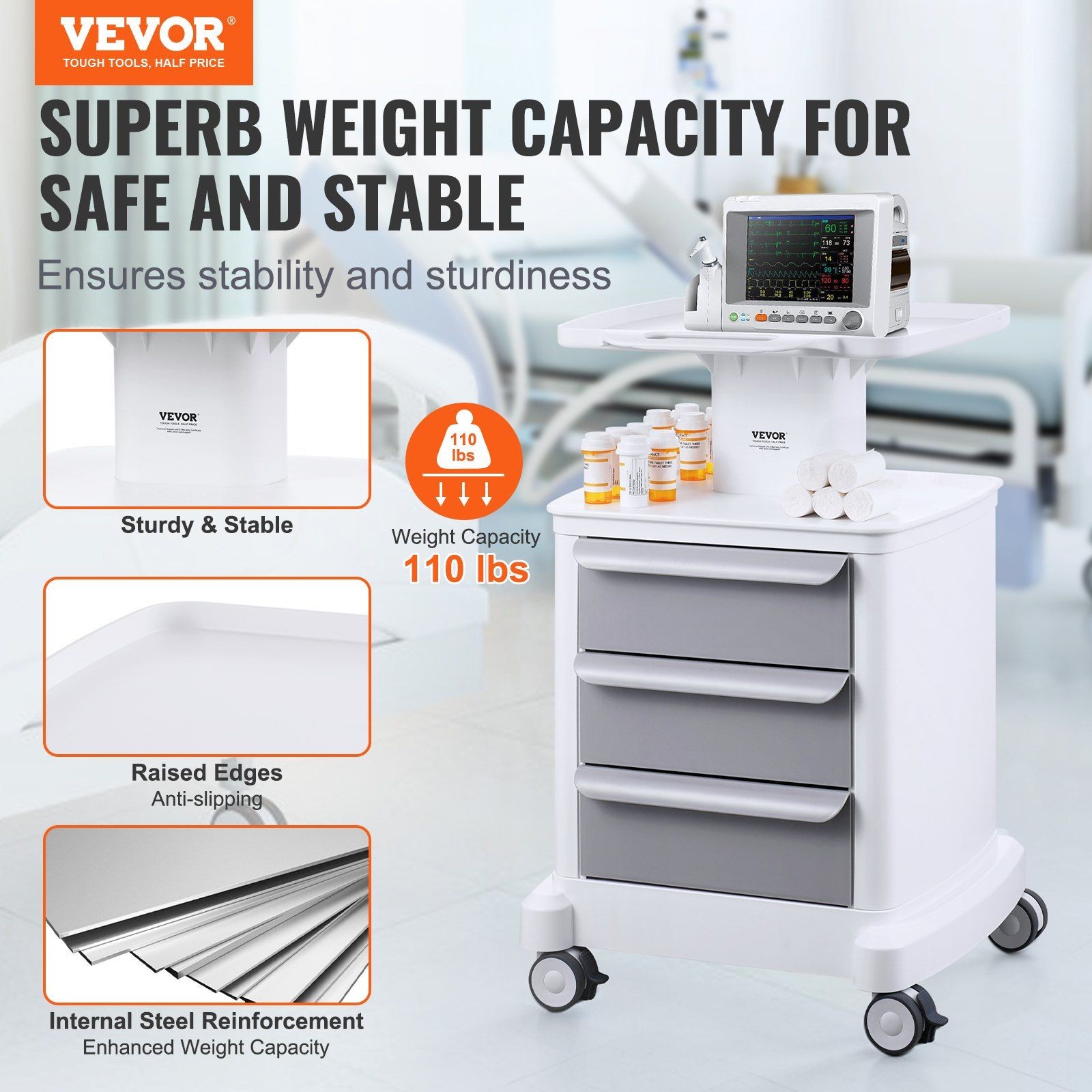 4-Tier Lab Cart: Heavy-Duty ABS, 3 Drawers, Top Tray, 110lb, 4 Locking Wheels