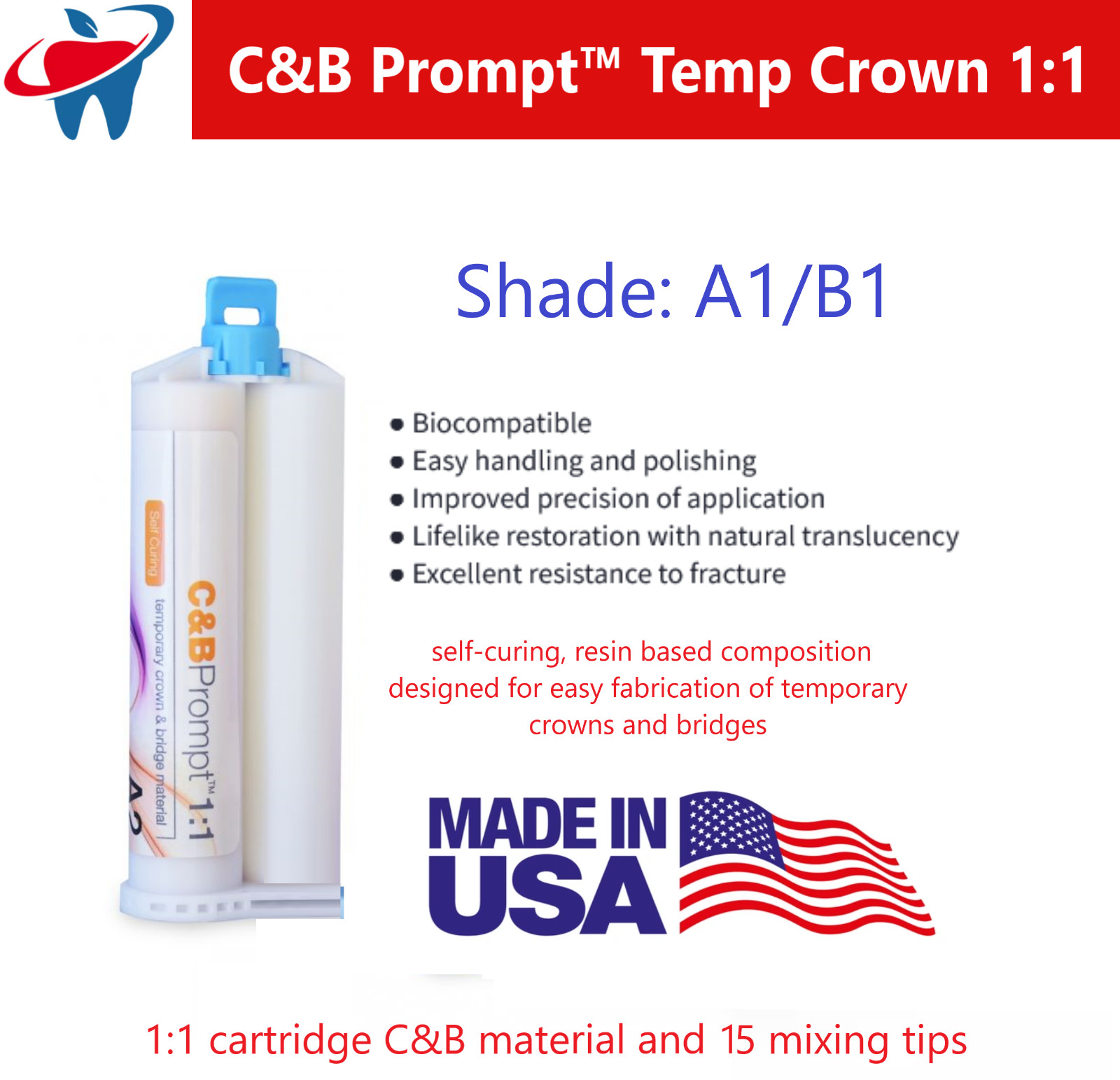 Temporary Crown & Bridge Material 1:1 Dental Impression 76g, Made in US A1/B1 A3