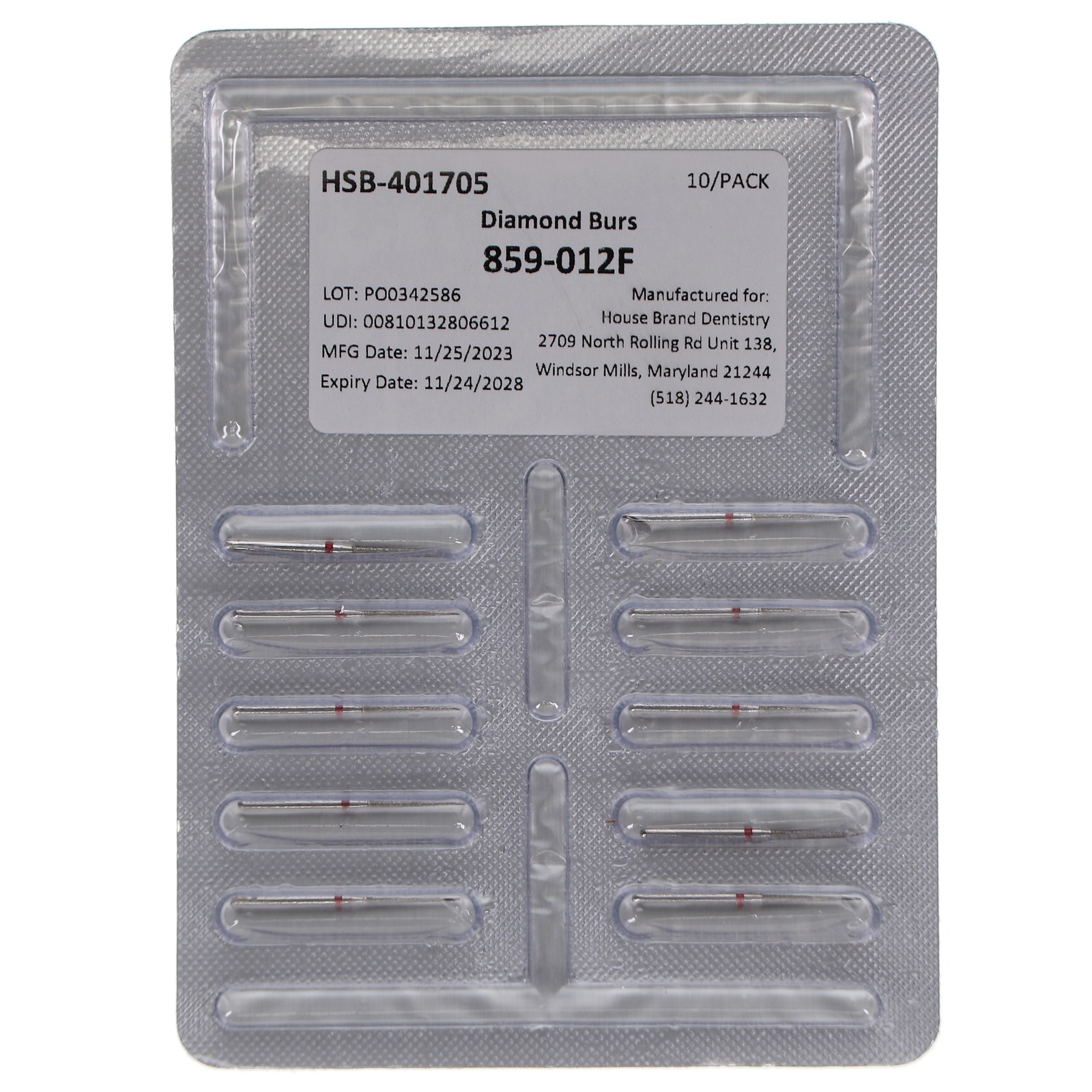 House Brand Dentistry HSB FG 859-012F Needle Fine Grit Diamond Burs 10/Pk