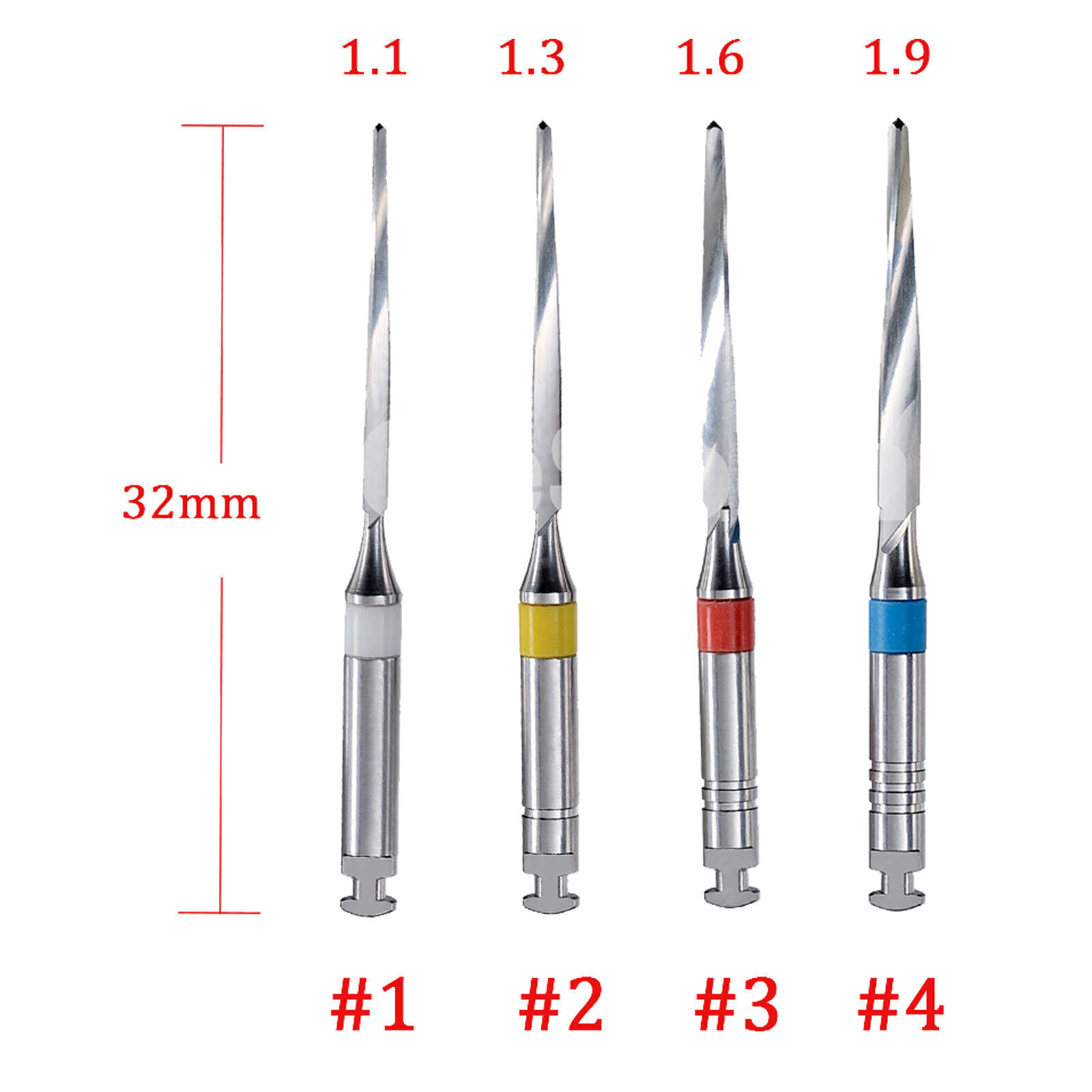 Dental Endo Root Stainless Steel Post Drills 1.1mm 1.3mm 1.6mm 1.9mm Mixed 4 Pcs