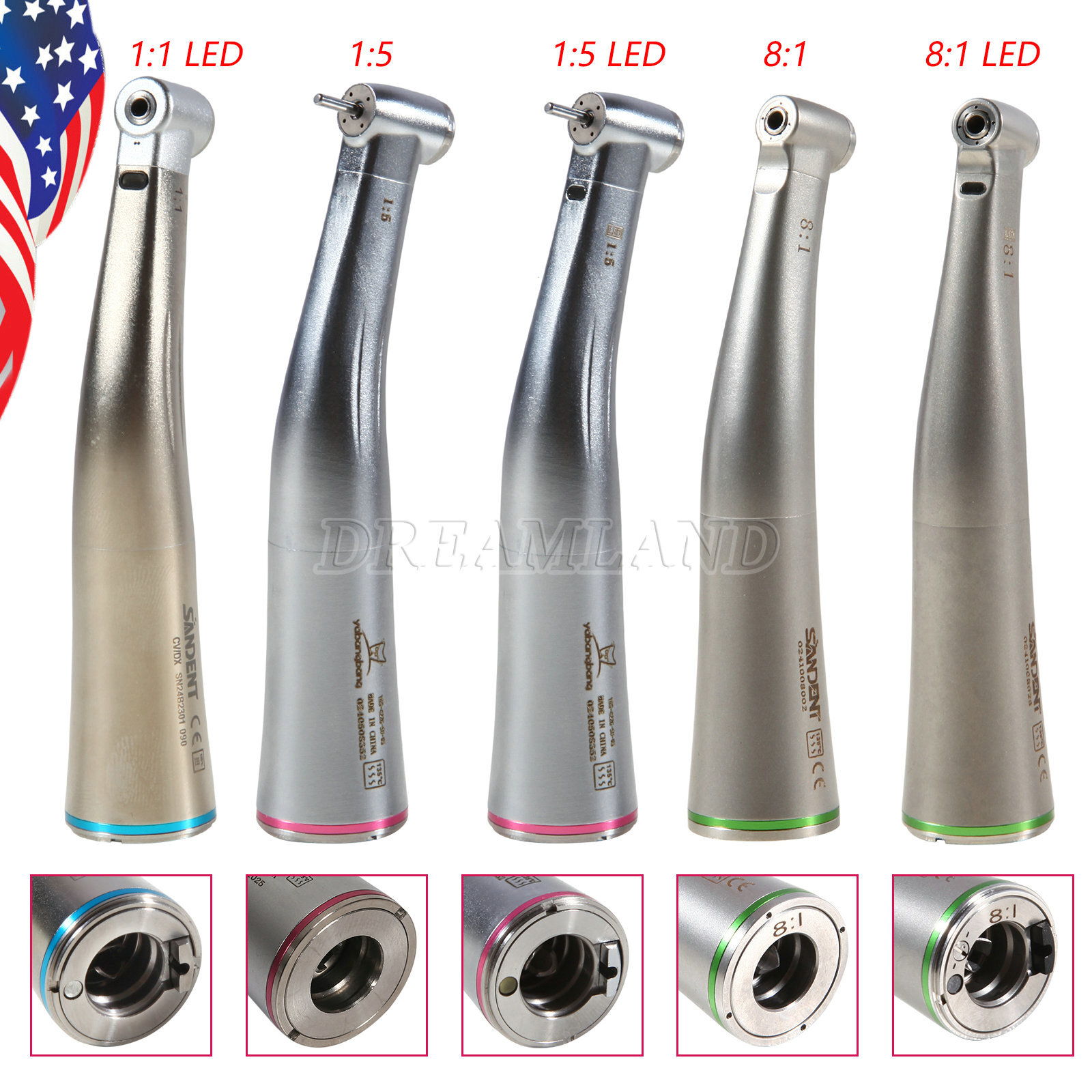 NSK Style Dental 1:1 1:5 8:1 LED Fiber Optic/Without LED Contra Angle Handpiece