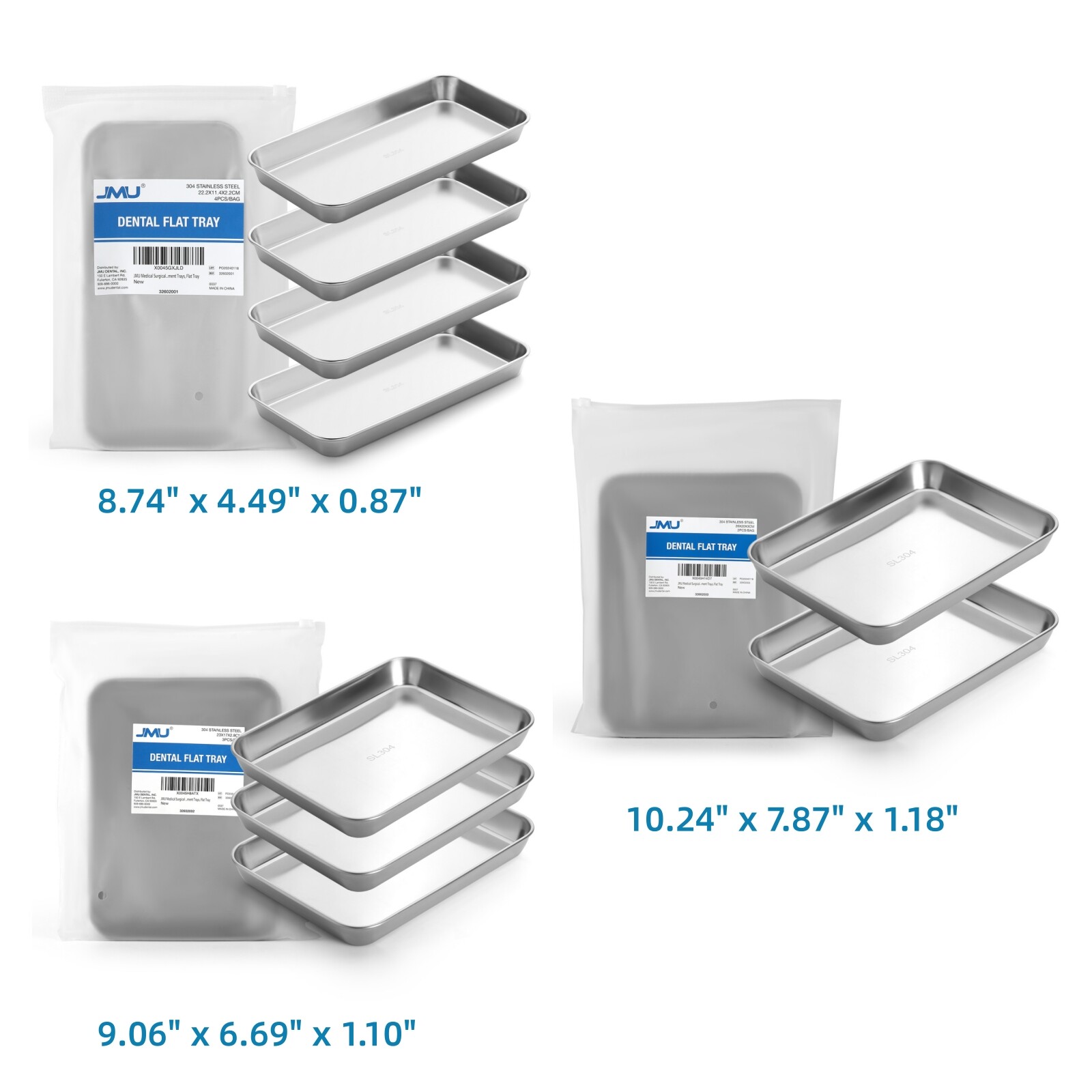 JMU Dental Flat Instrument Tray SL 304 Stainless Steel Choose Size/Pack