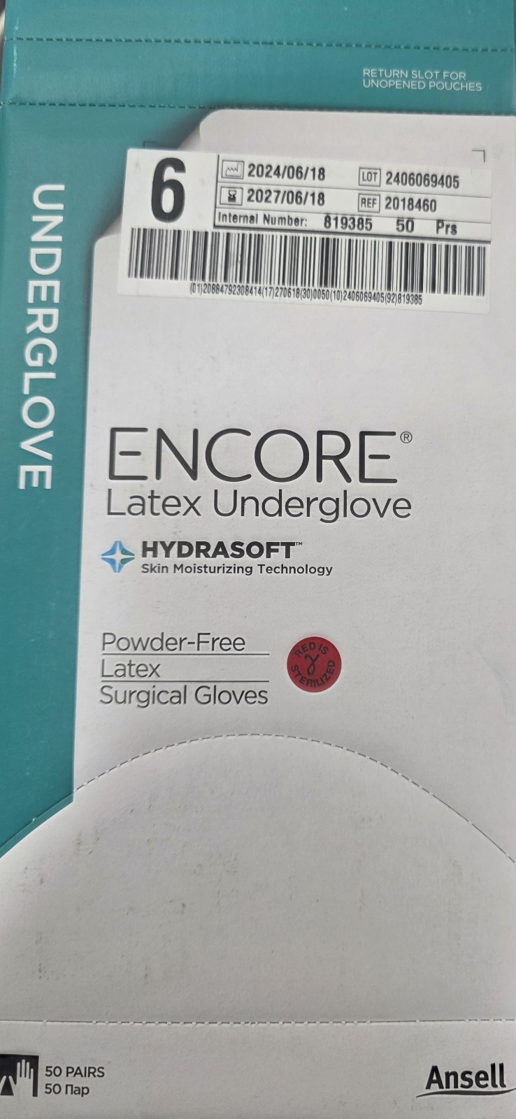 50 Pairs Ansell Encore Latex Underglove PF Hydrasoft Size 6 Gloves 2018460
