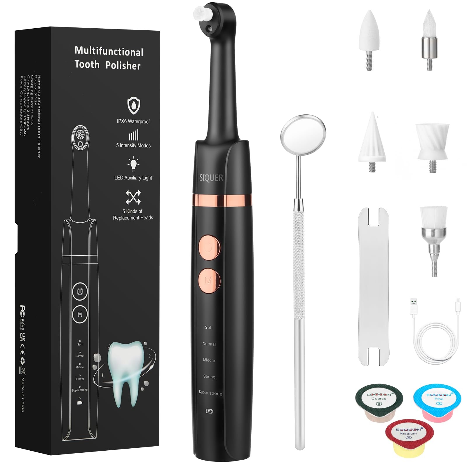 Tooth Polisher – SIQUER Plaque Remover for Teeth 1 Count (Pack of 1), Black