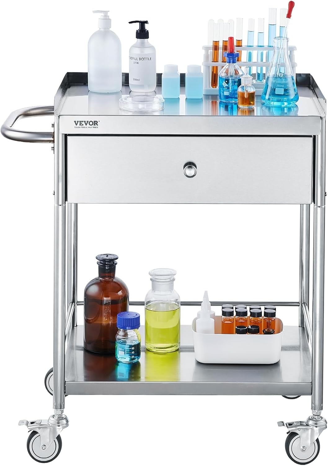 Versatile Stainless Steel Utility Cart – 2-Tier with Drawer and Locking Wheels