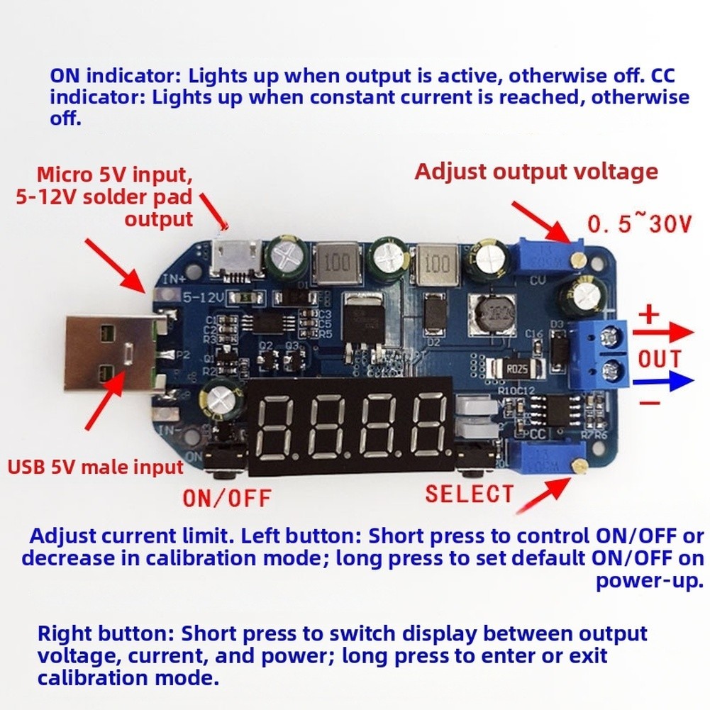 Adjustable Voltage Converter 15W 0.5 30V with Overpower and Overheat Protection