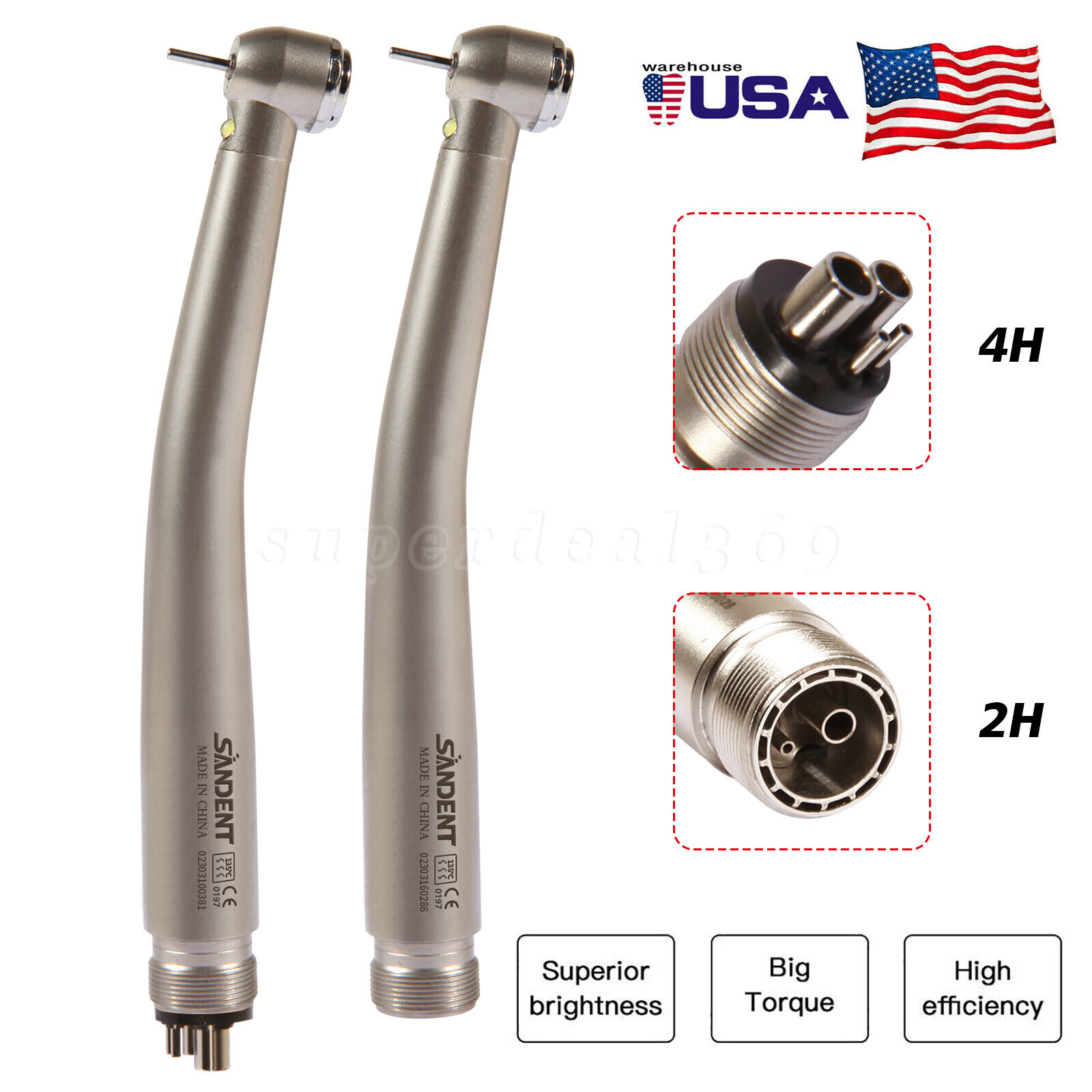 1/10pcs SANDENT Dental Fiber Optic LED Push Button Handpiece Turbine 2/4 Holes