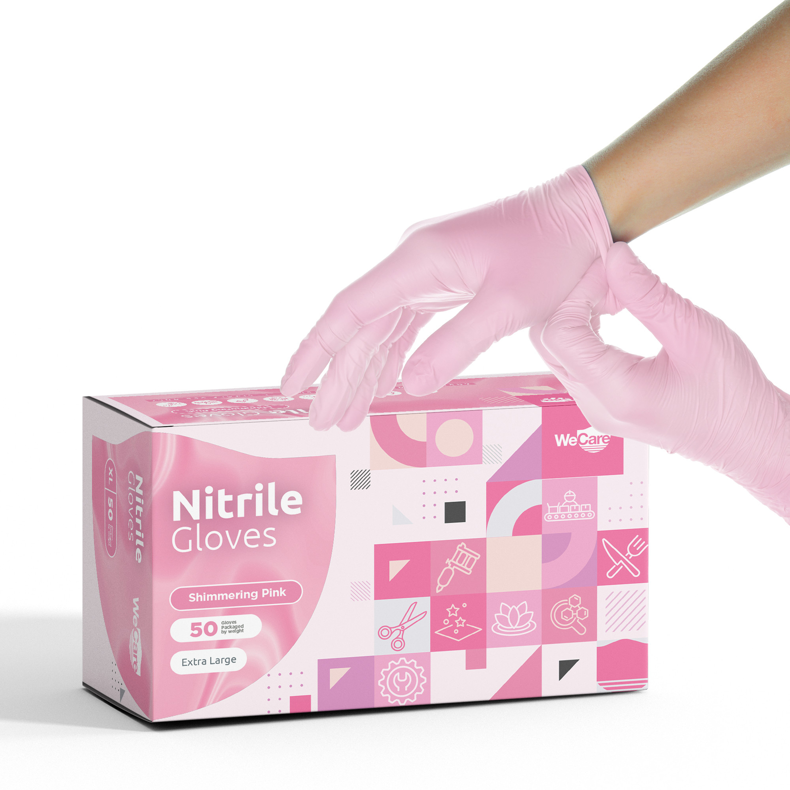 WeCare Nitrile Latex Free Powder Free Disposable Gloves Shim Pink 50 Gloves (XL)