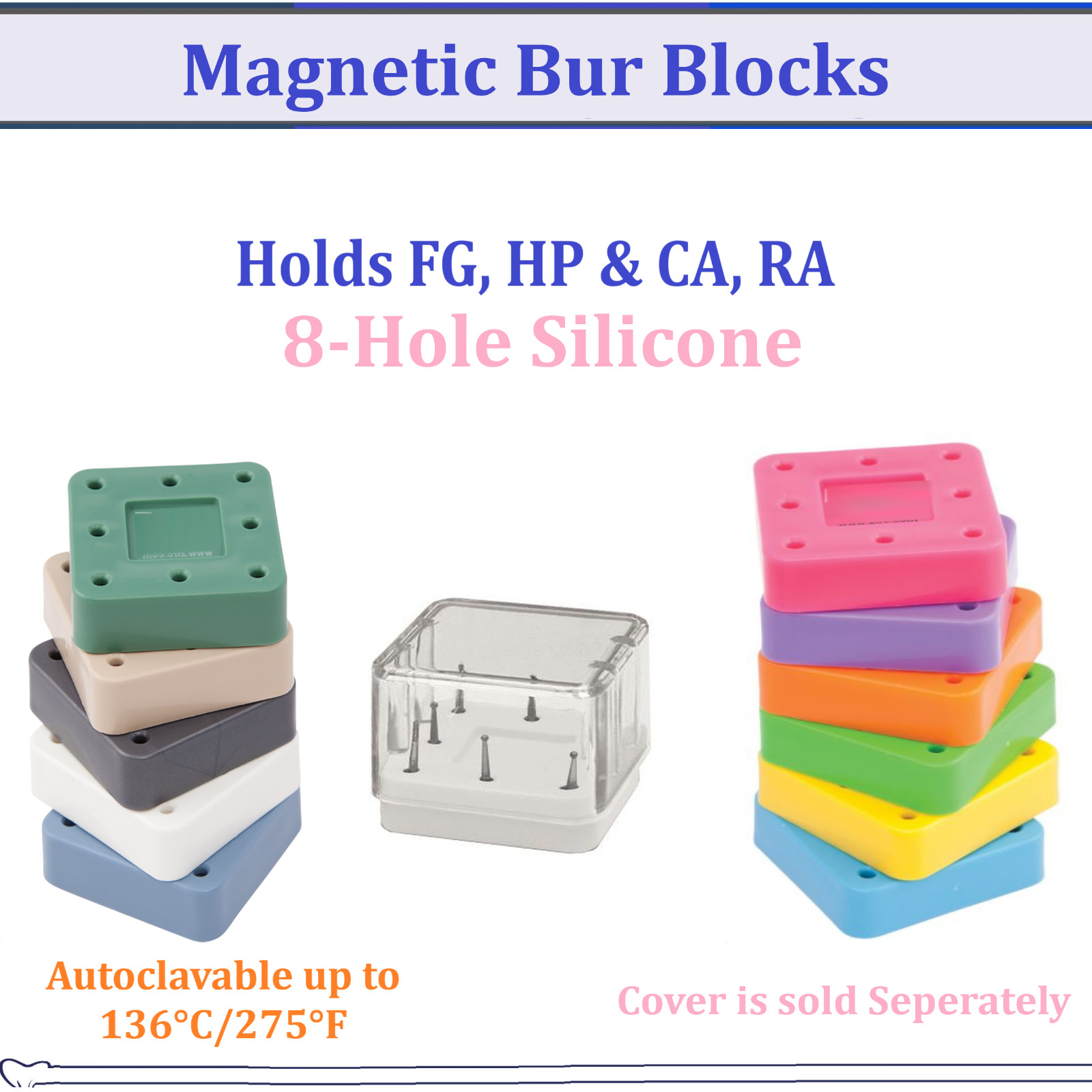 Dental Magnetic Bur Block SILICONE SQUARE Lab Holder For 8 Burs FG, HP RA 500F