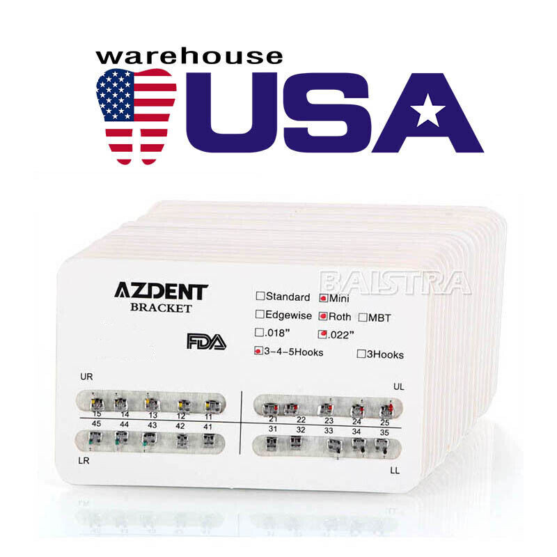 100X AZDENT Dental Orthodontic Bracket Braces Mini Roth Slot.022 Hooks 3-4-5