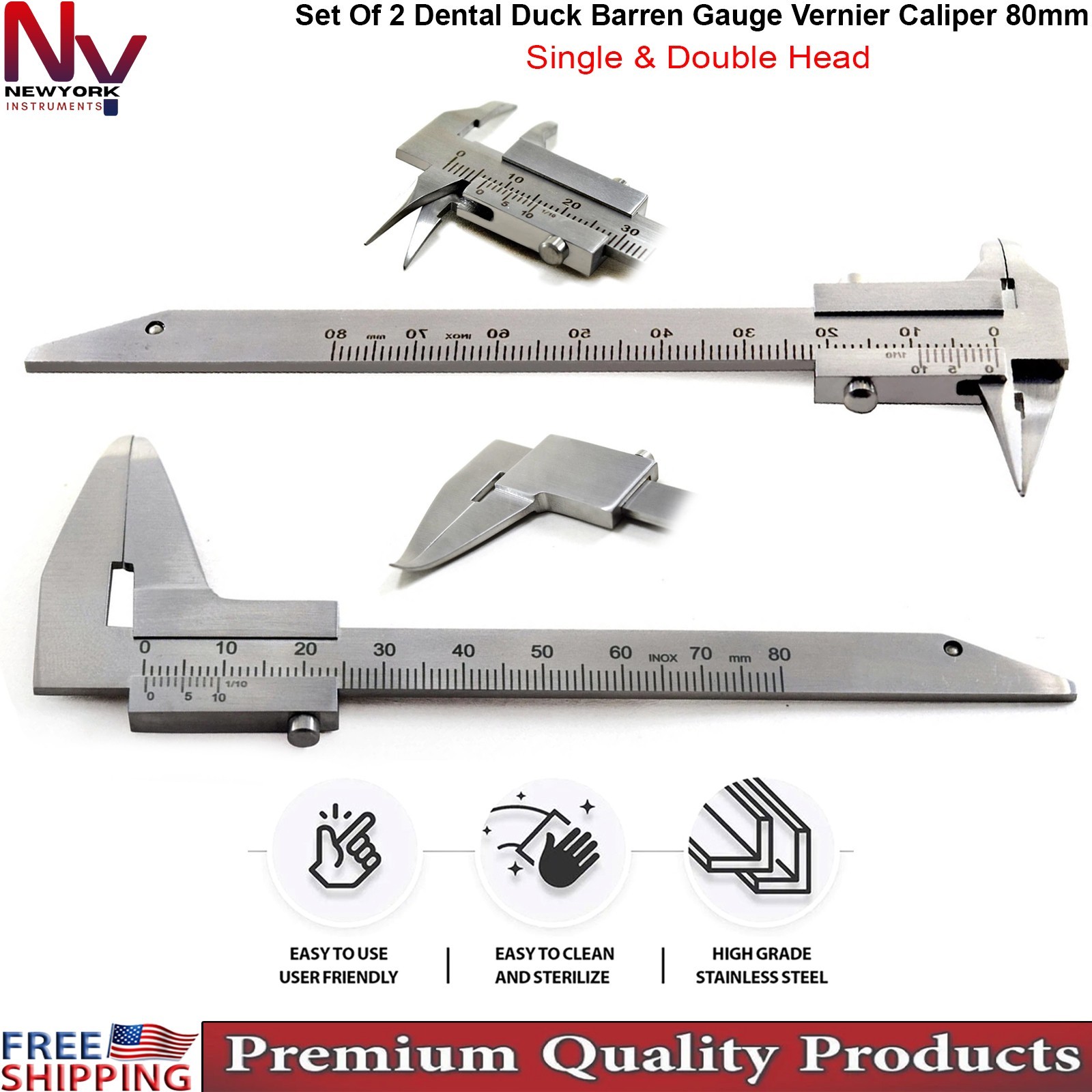 Set of 2 Dental Duck Barren Vernier Gauge 0-80mm Single & Double Head Caliper CE