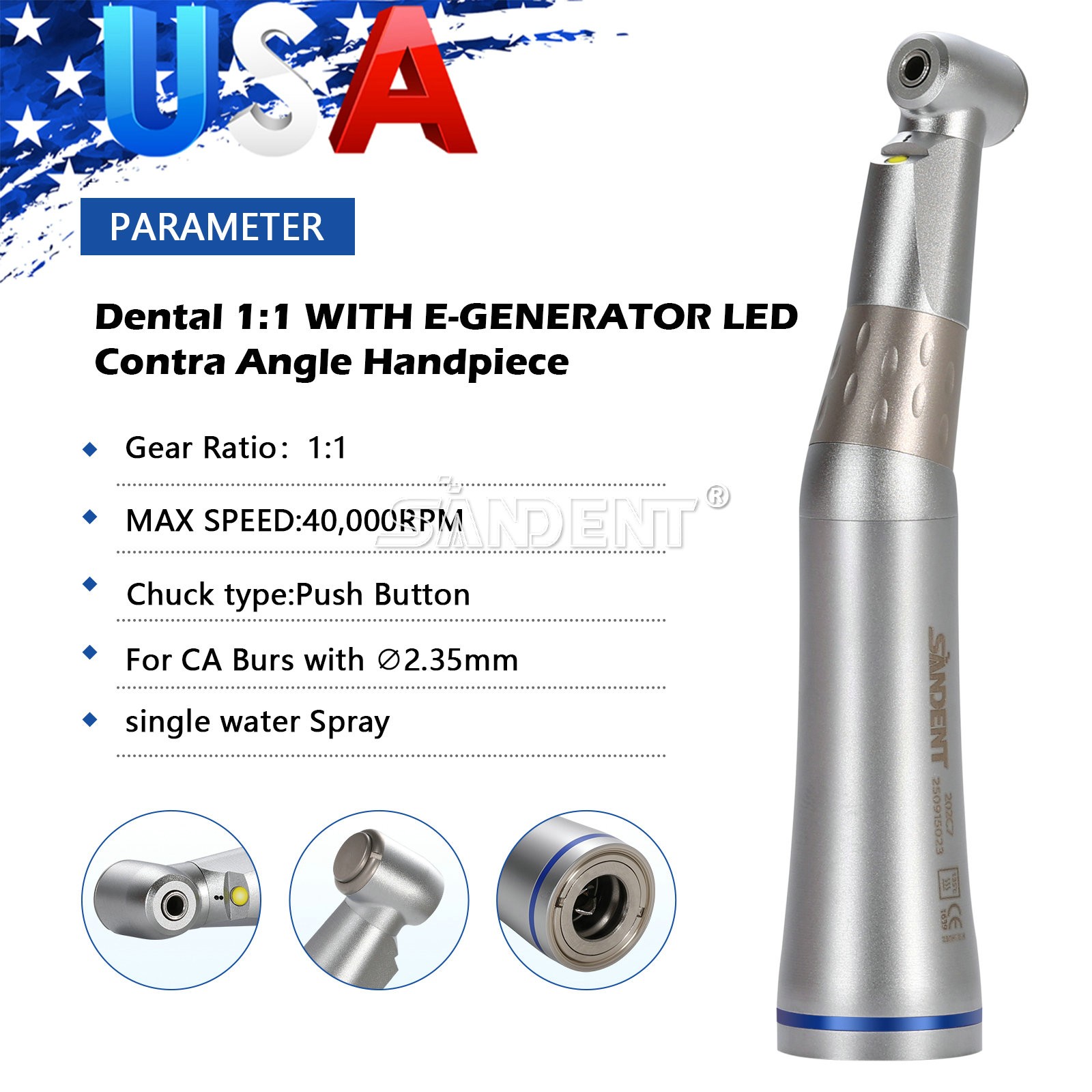 SANDENT 1:1 LED E-generator Fiber Optic Handpiece Contra Angle Inner Channel USA