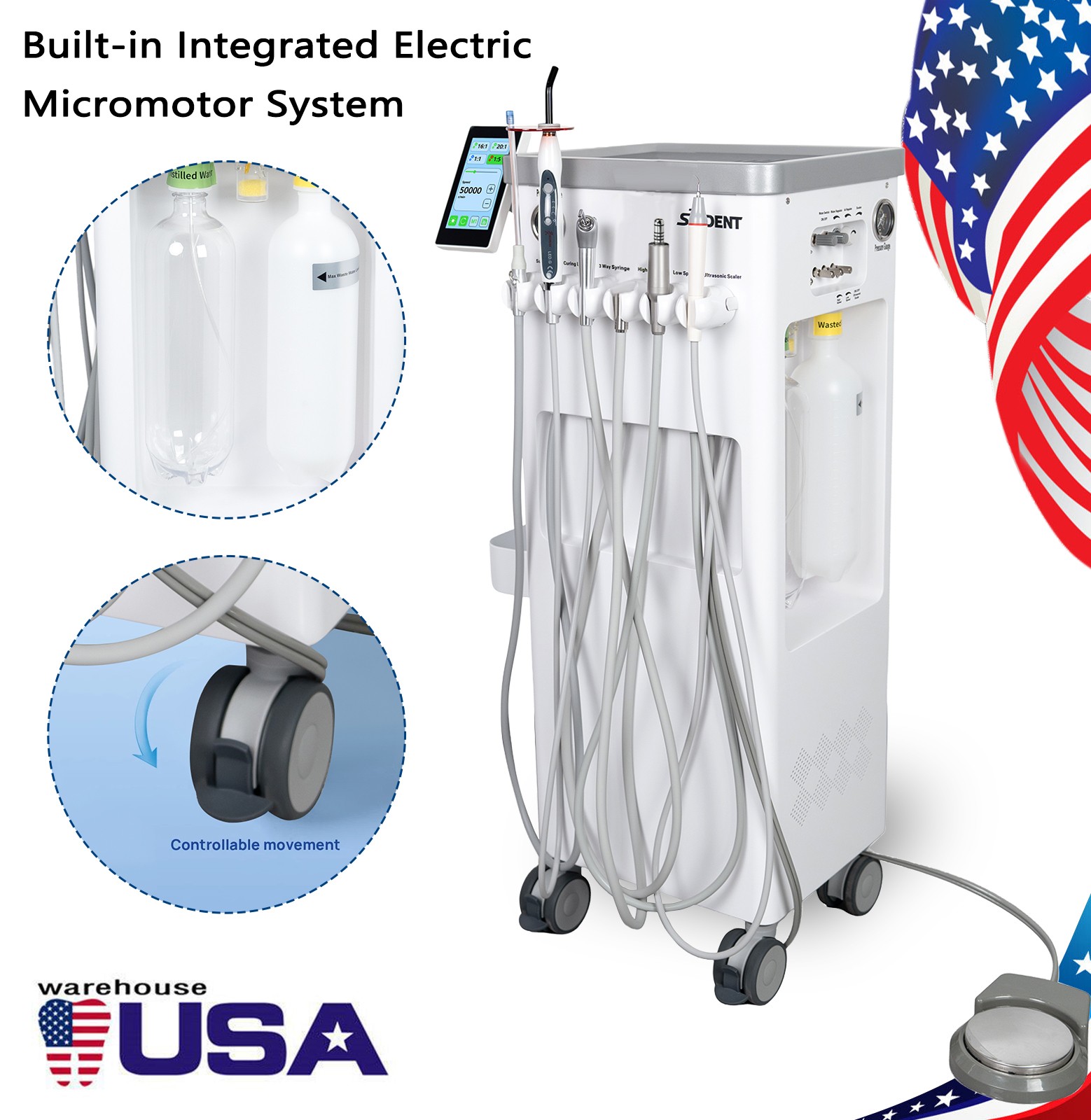 Portable Dental Mobile Delivery Unit System 4Hole Suction Cart with Socket Motor