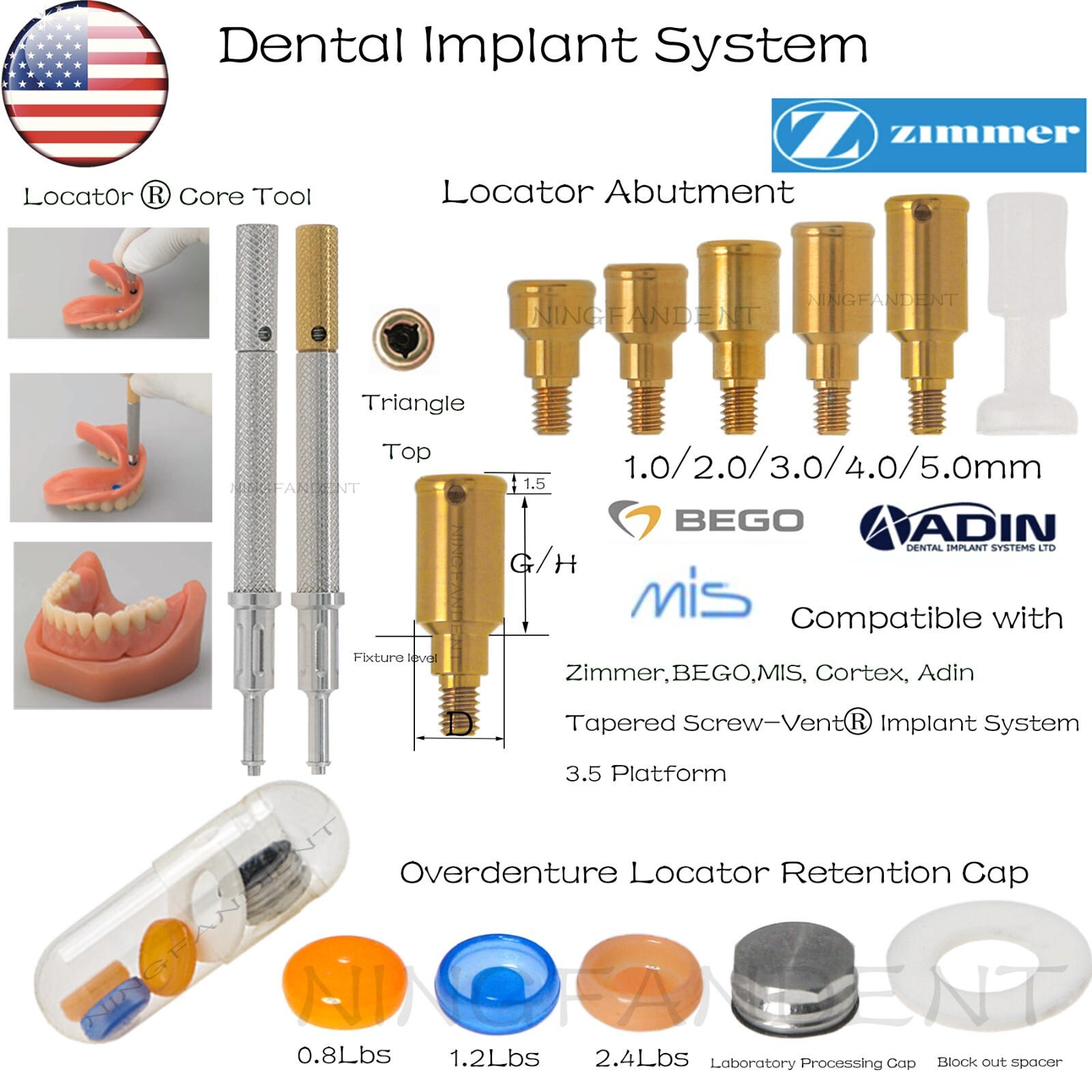 US Zimmer Adin Mis Bego Overdenture locator Abutments &Male Caps Tools For 1-5mm