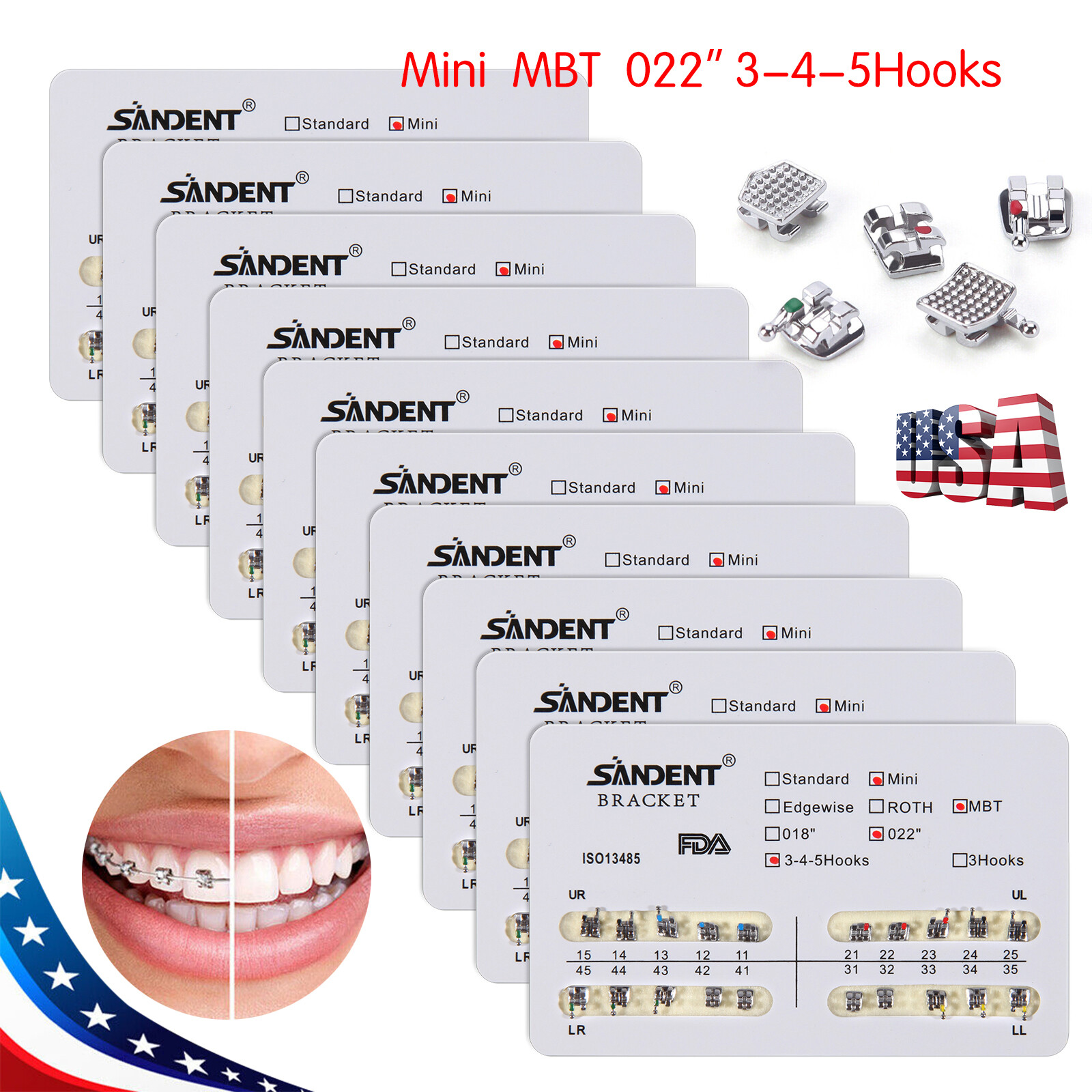 10 Packs/200pcs YOKA ORTHO Metal Mini MBT 022 Slot Bracket 345 Hooks #1 Type USA