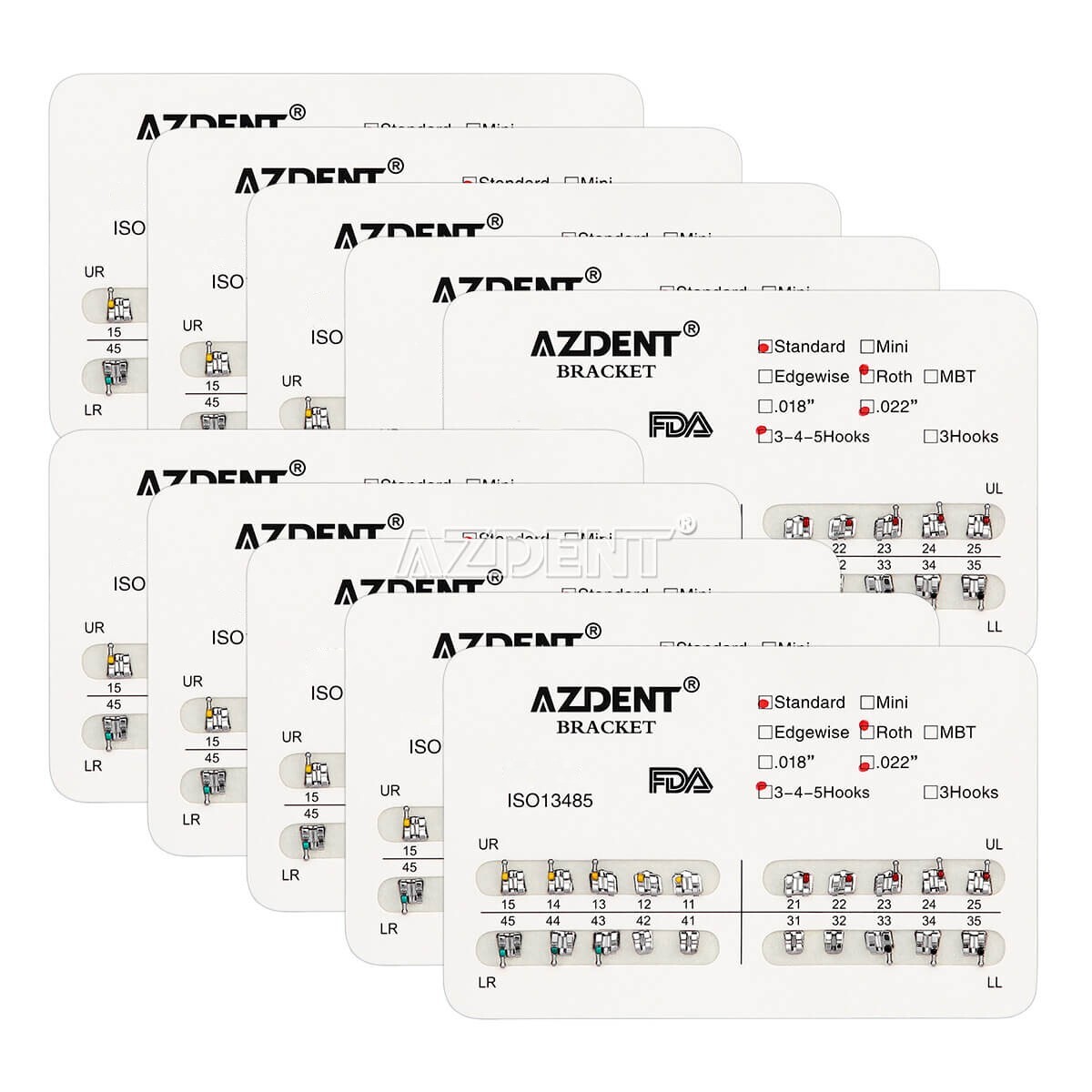 10 X AZDENT Dental Orthodontic Bracket Brace Standard Roth Slot.022 Hooks 3-4-5