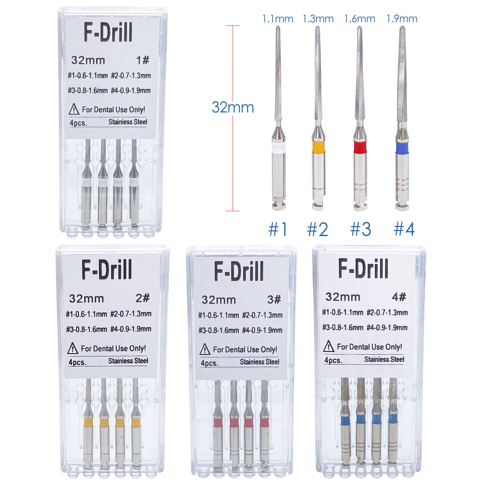 4 Pcs/Box Dental Endodontic Endo Root Canal Fiber Post System Drills 1.1 mm