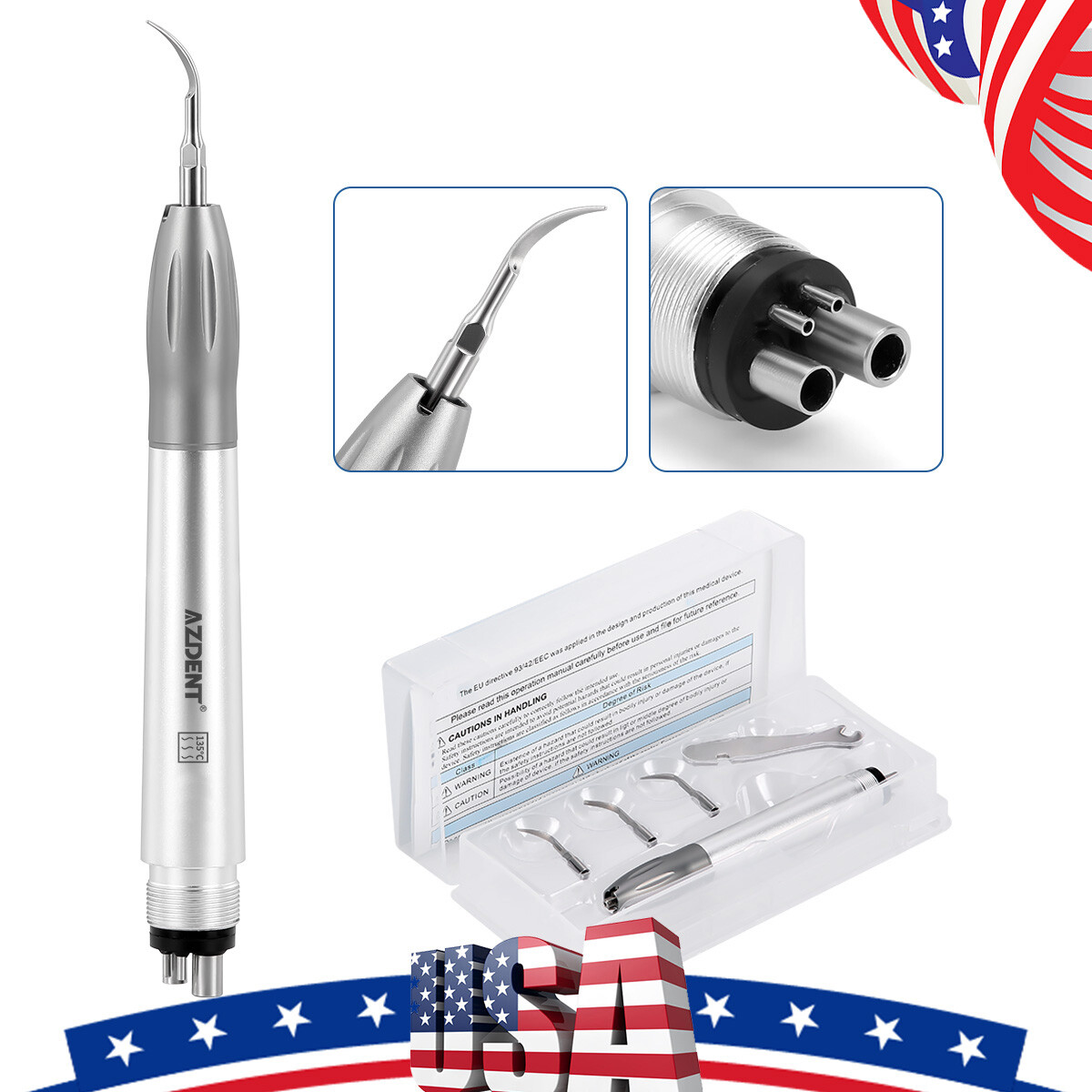 AZDENT Dental Ultrasonic Air Perio Scaler Handpiece Hygienist 4 Holes + 3 Tips