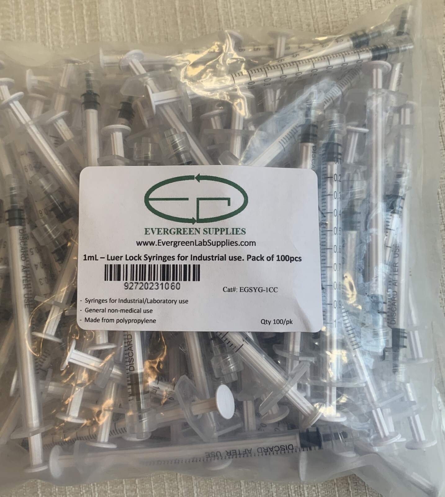 Luer-Lock Syringes, 1mL, no needles, Disposable, clear, Case of 1000 pcs