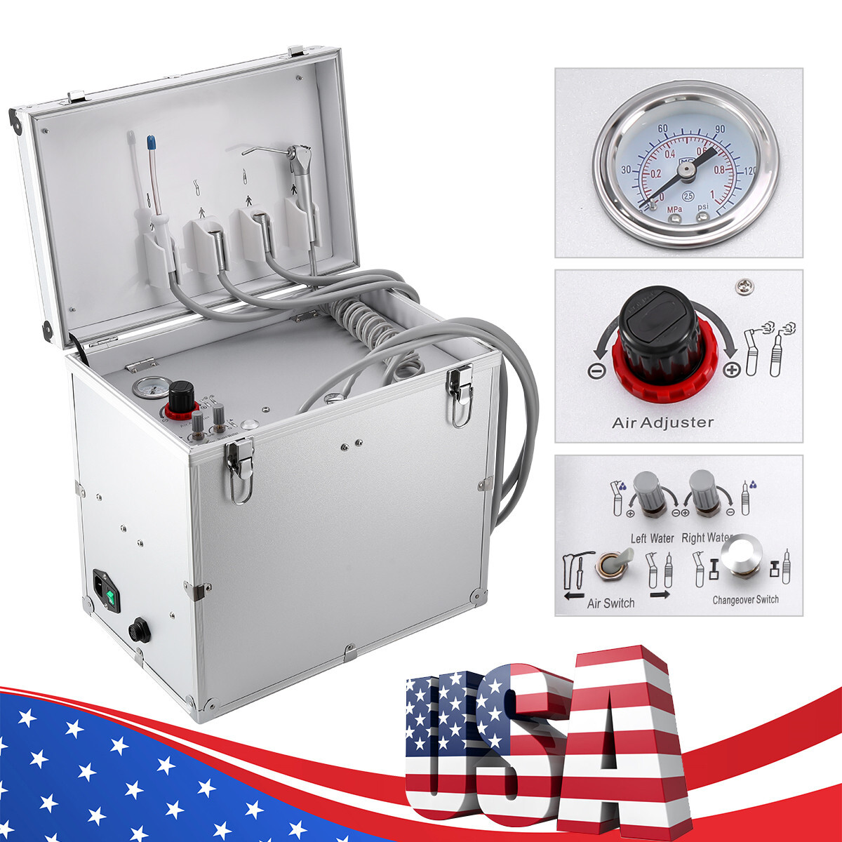 Dental Mobile Delivery Unit Treatment Case Air Compressor Syringe Suction 4Hole
