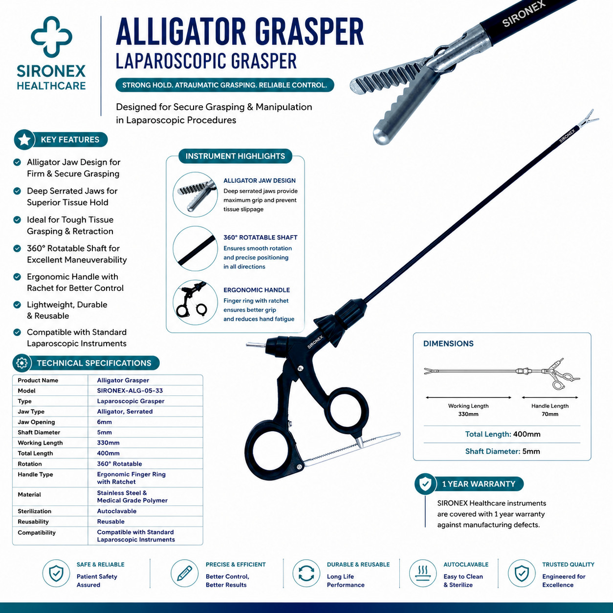 Laparoscopic Alligator Grasper 5mm Traumatic Forceps 33cm Reusable Best Quality