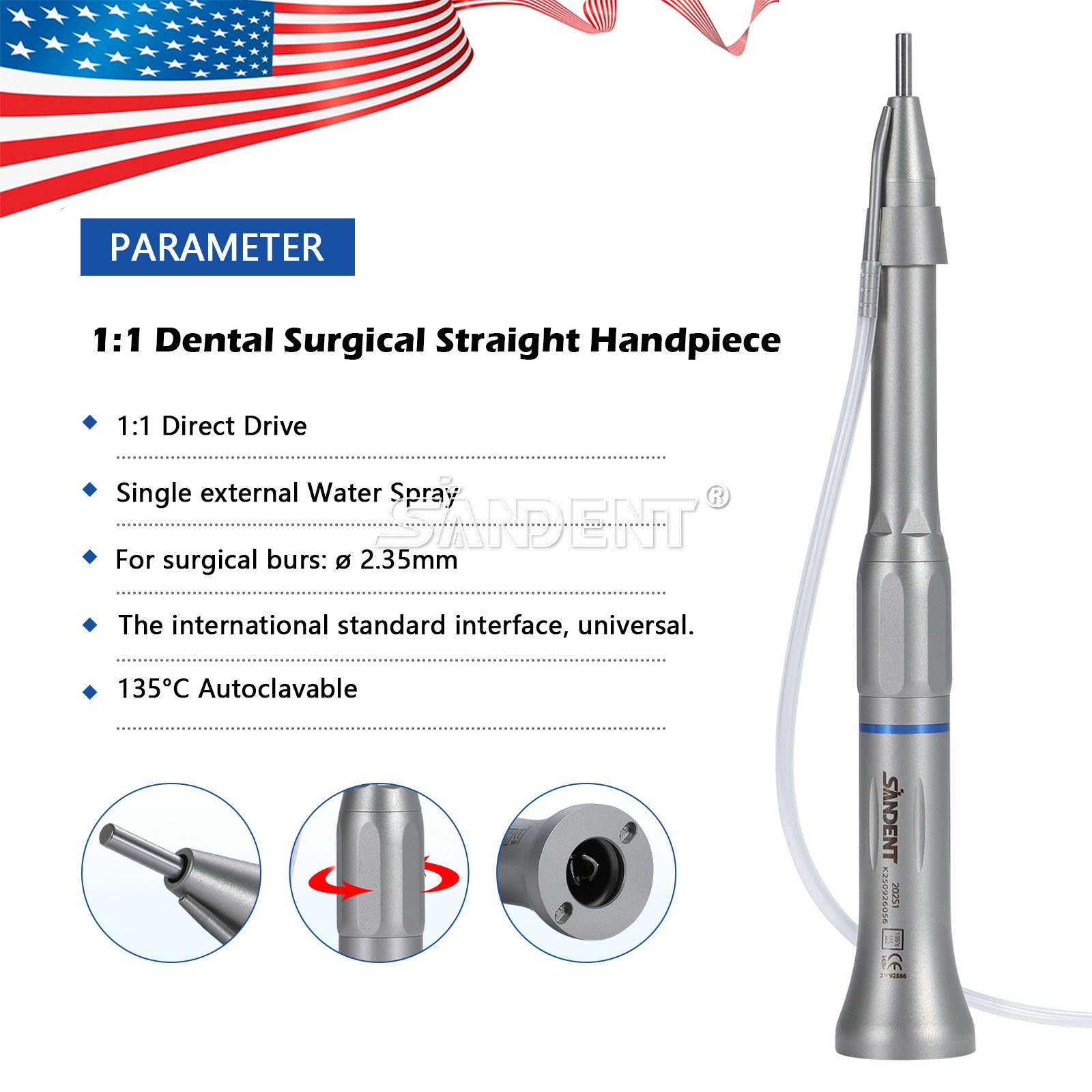 SANDENT Surgical Straight Handpiece 1:1 Micro Surgery external Water Spray