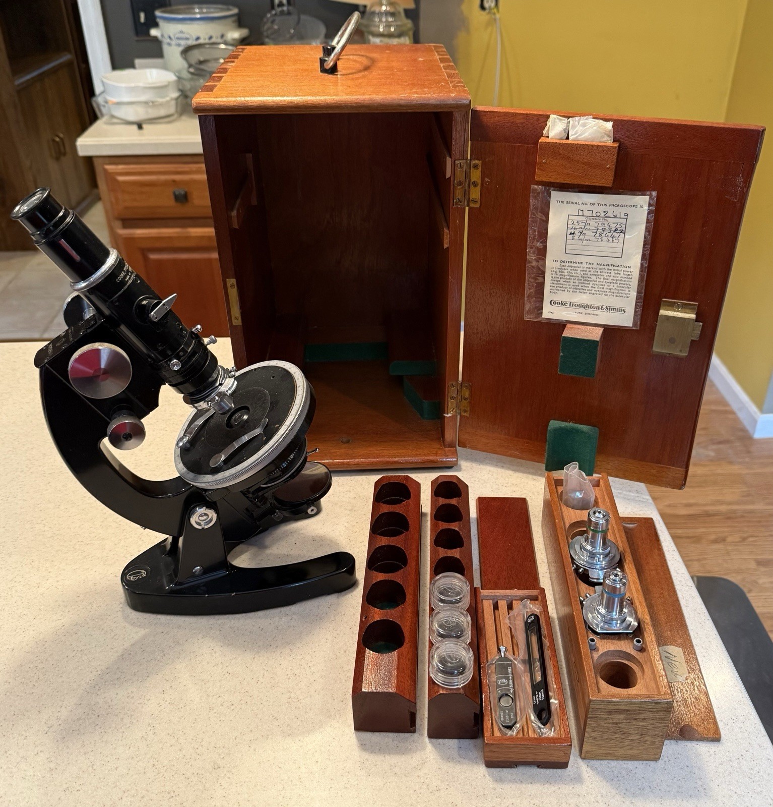 Vintage Cooke Troughton & Simms Polarizing Microscope, 5X 20X 40X, Wood Box