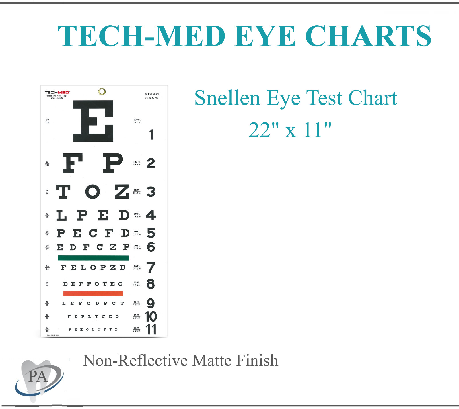 TECH-MED Snellen Eye Chart Visual Acuity Chart 22×11 inches, 5 Models, 20 ft