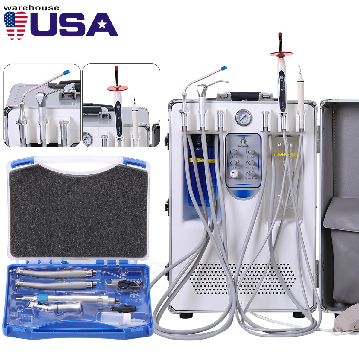 Dental Portable Delivery Unit Cart+Air Compressor+Suction+Scaler/Handpiece 4Hole