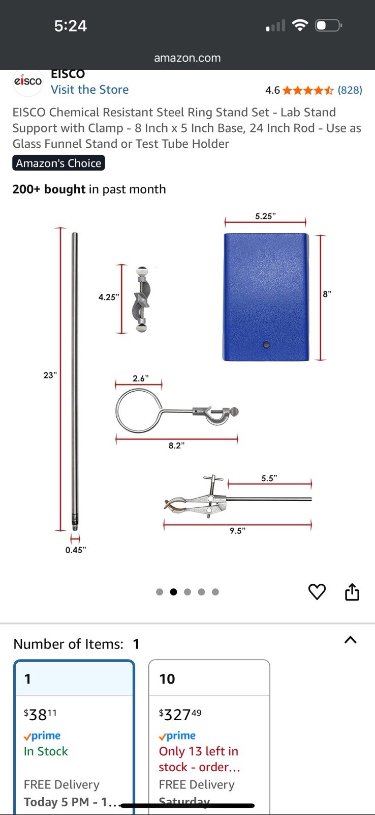 Eisco Premium Lab Metalware Set – Support Stand, Rod, Clamp and Retort Ring