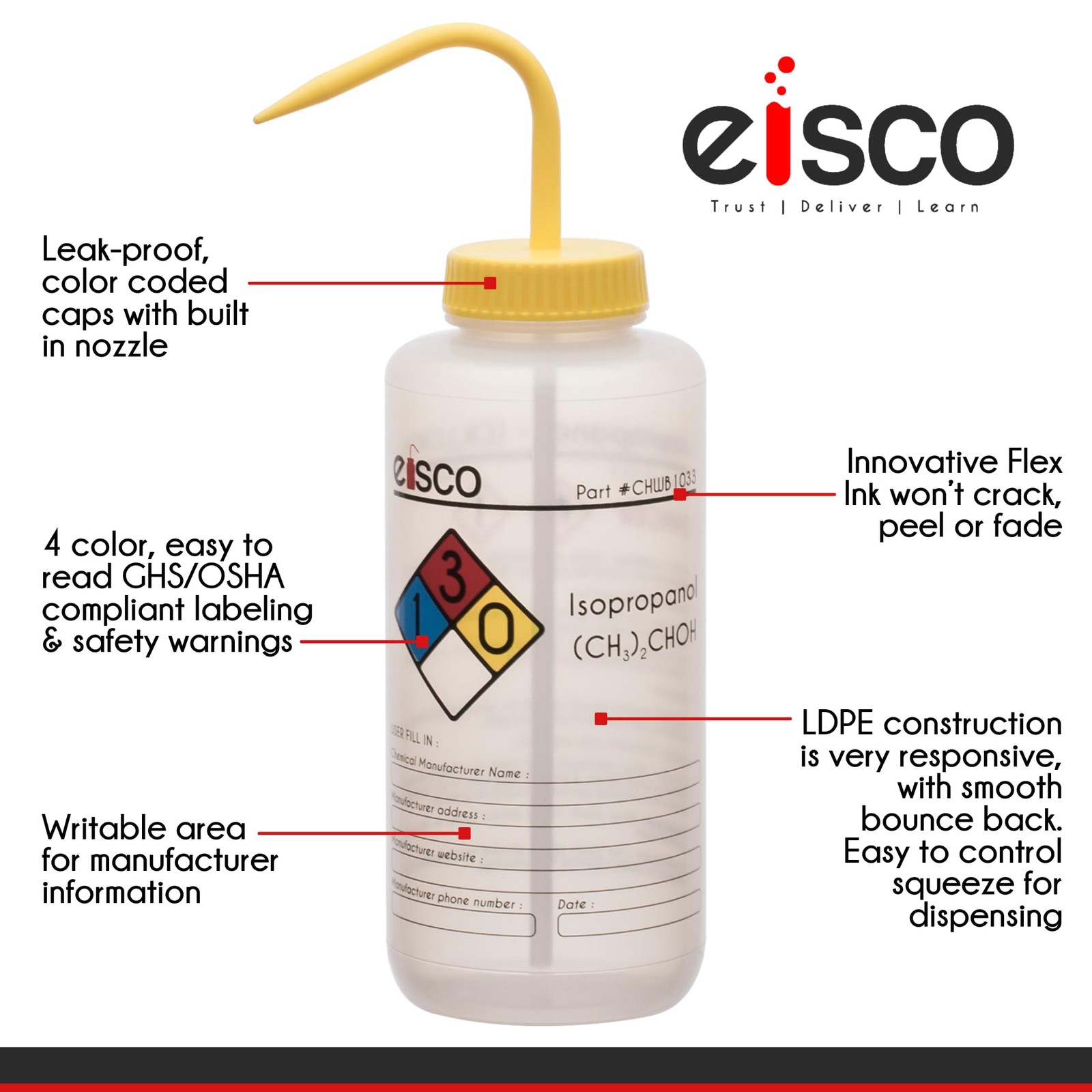 EISCO Wash Bottle for Isopropanol, 500ml – Labeled with 16.9 Ounces, 4 Color