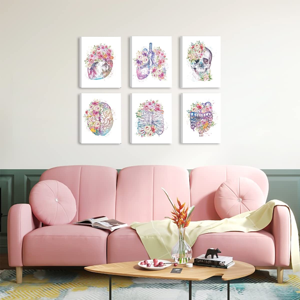 Human Anatomy Wall Art, Anatomical Art Set of 6(12”x16”),Floral Heart Skull O…